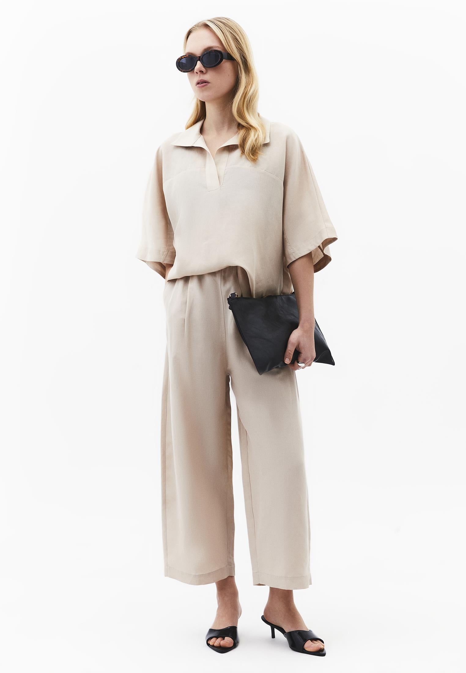 Polo Neck Batwing Sleeve Oversize Blouse - FEATHER GRAY