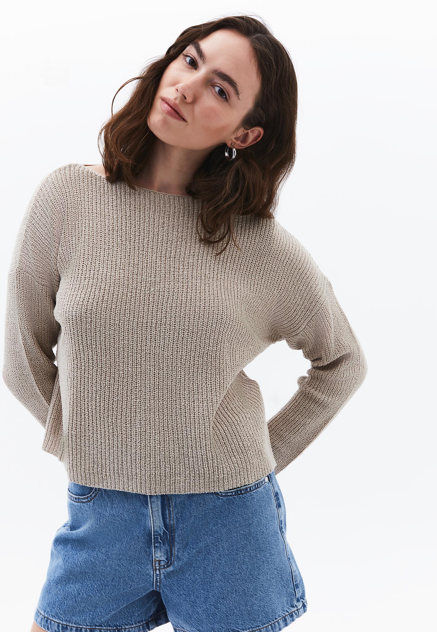 Boat Neck Long Sleeve Sweater - FEATHER GRAY