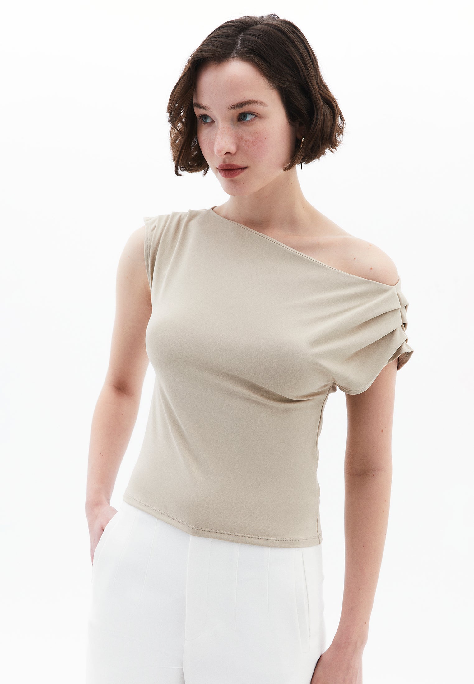 Boat Neck Short Sleeve Blouse - FEATHER GRAY