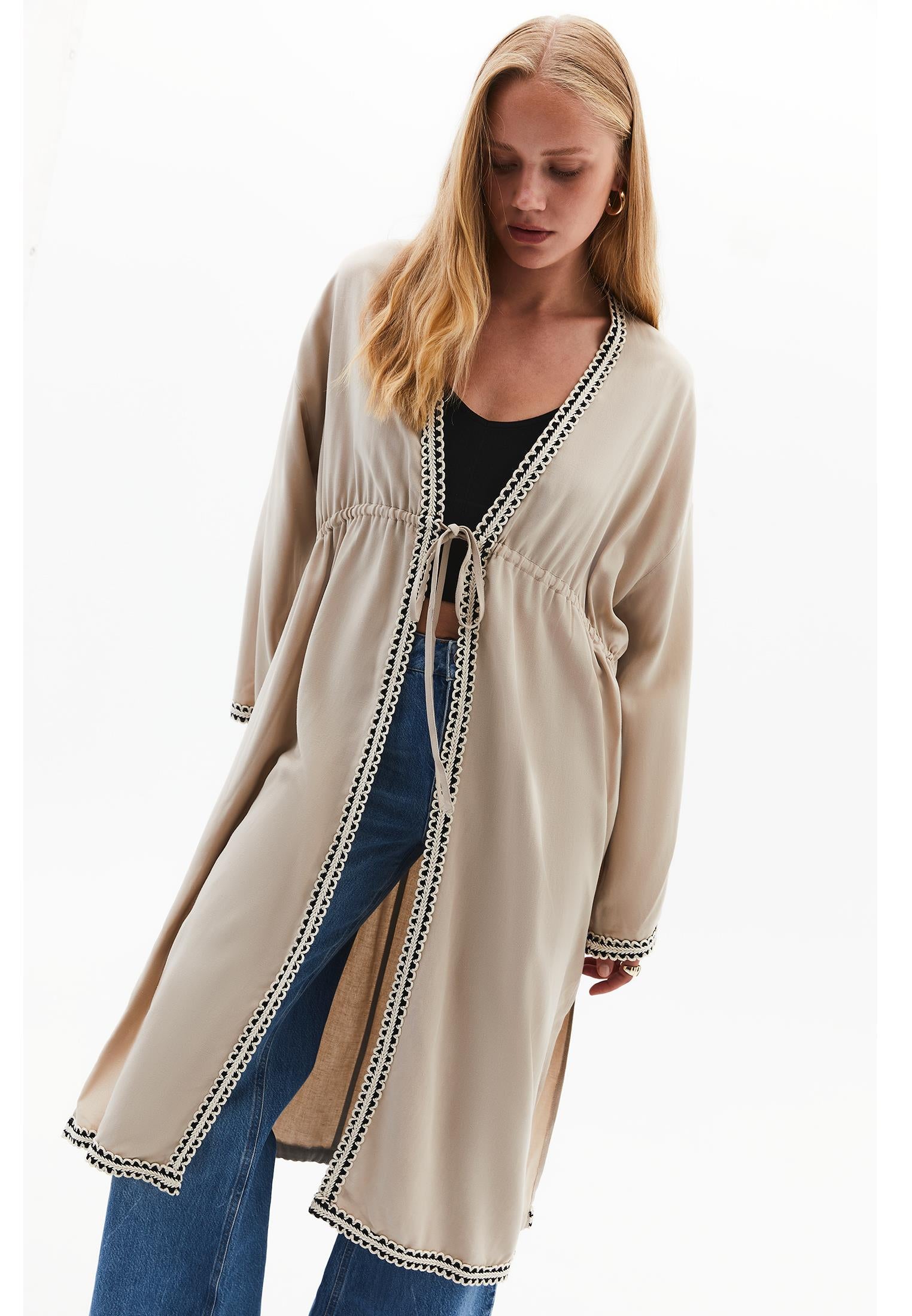 Long Kimono With Kimono Sleeve Tie - FEATHER GRAY