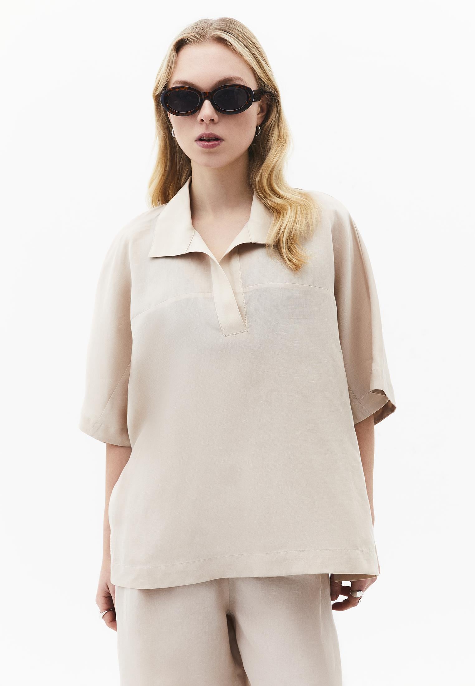 Polo Neck Batwing Sleeve Oversize Blouse - FEATHER GRAY