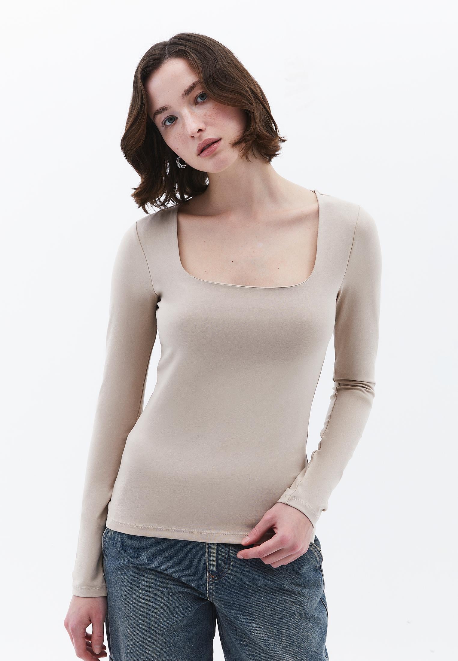 Square Neck Long Sleeve T-Shirt - FEATHER GRAY
