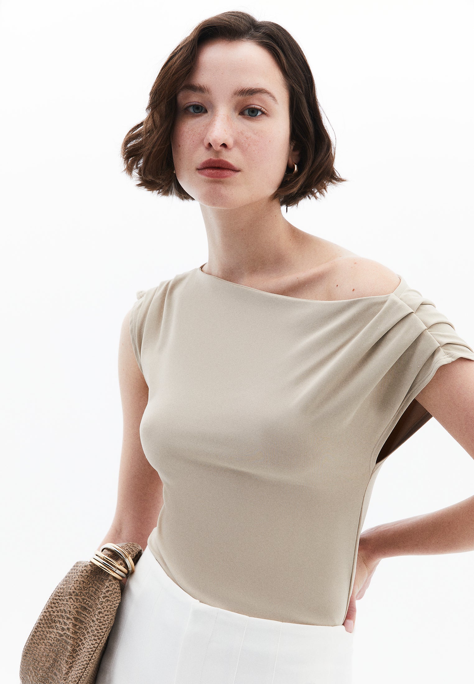 Boat Neck Short Sleeve Blouse - FEATHER GRAY