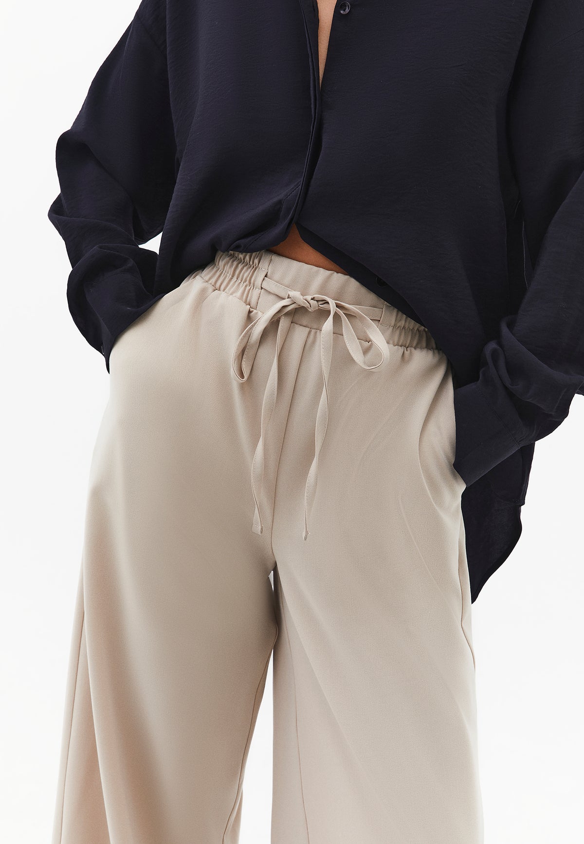 Wide Leg High Waist Elastic Waistband Pants - FEATHER GRAY