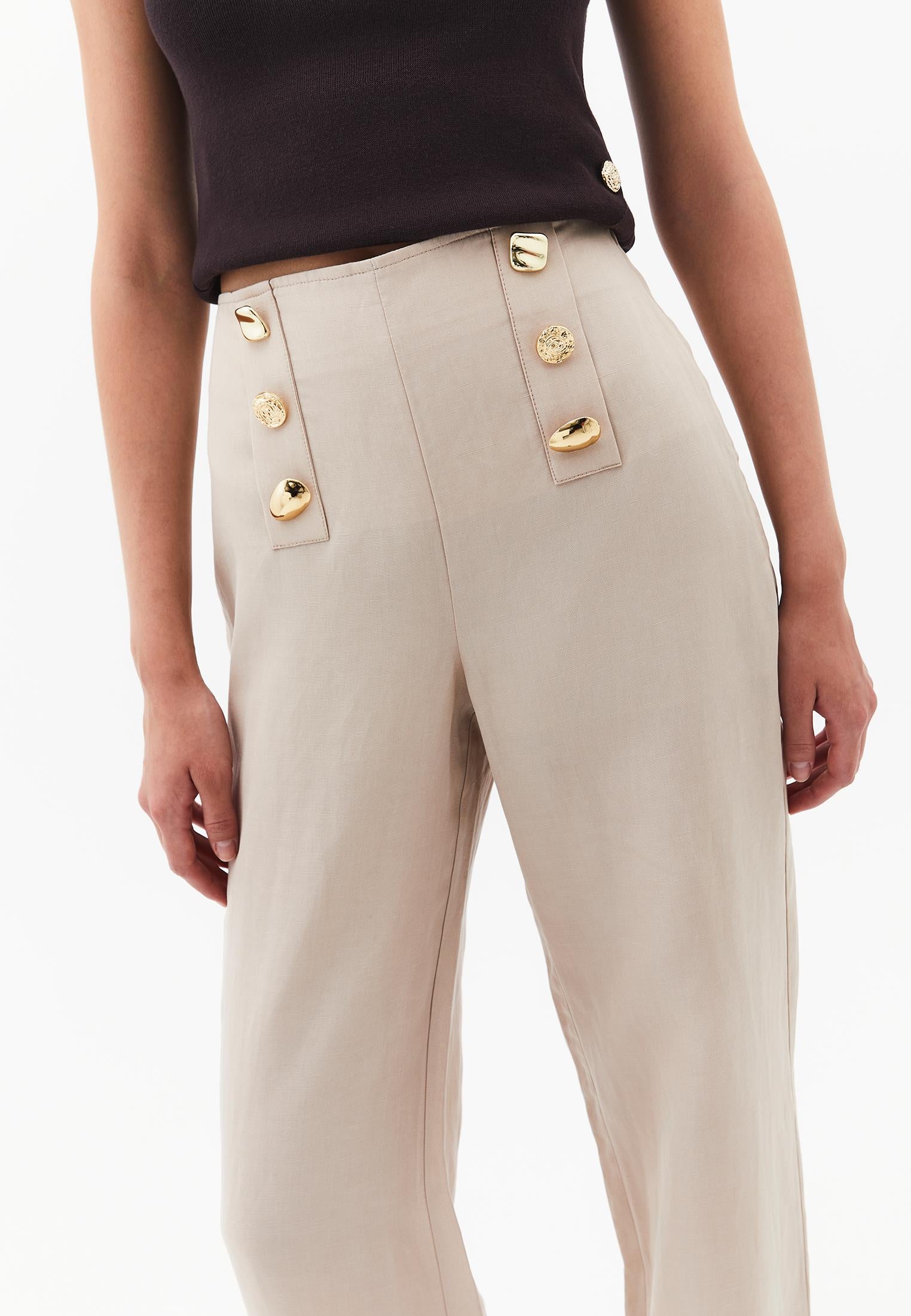Ultra High Waist Straight Pants With Button Detail - FEATHER GRAY