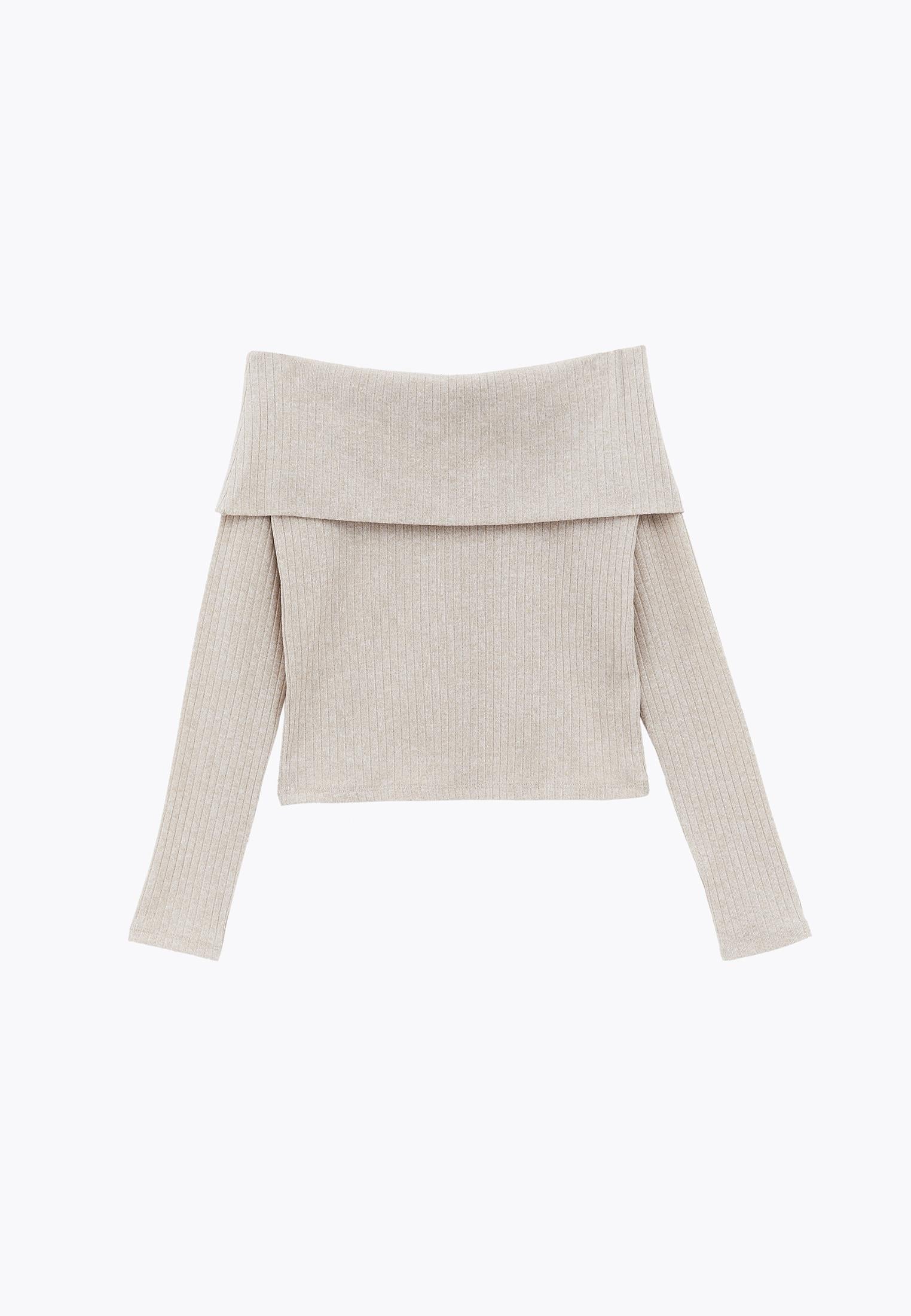 Drop Shoulder Long Sleeve Knit Sweater - FEATHER GRAY