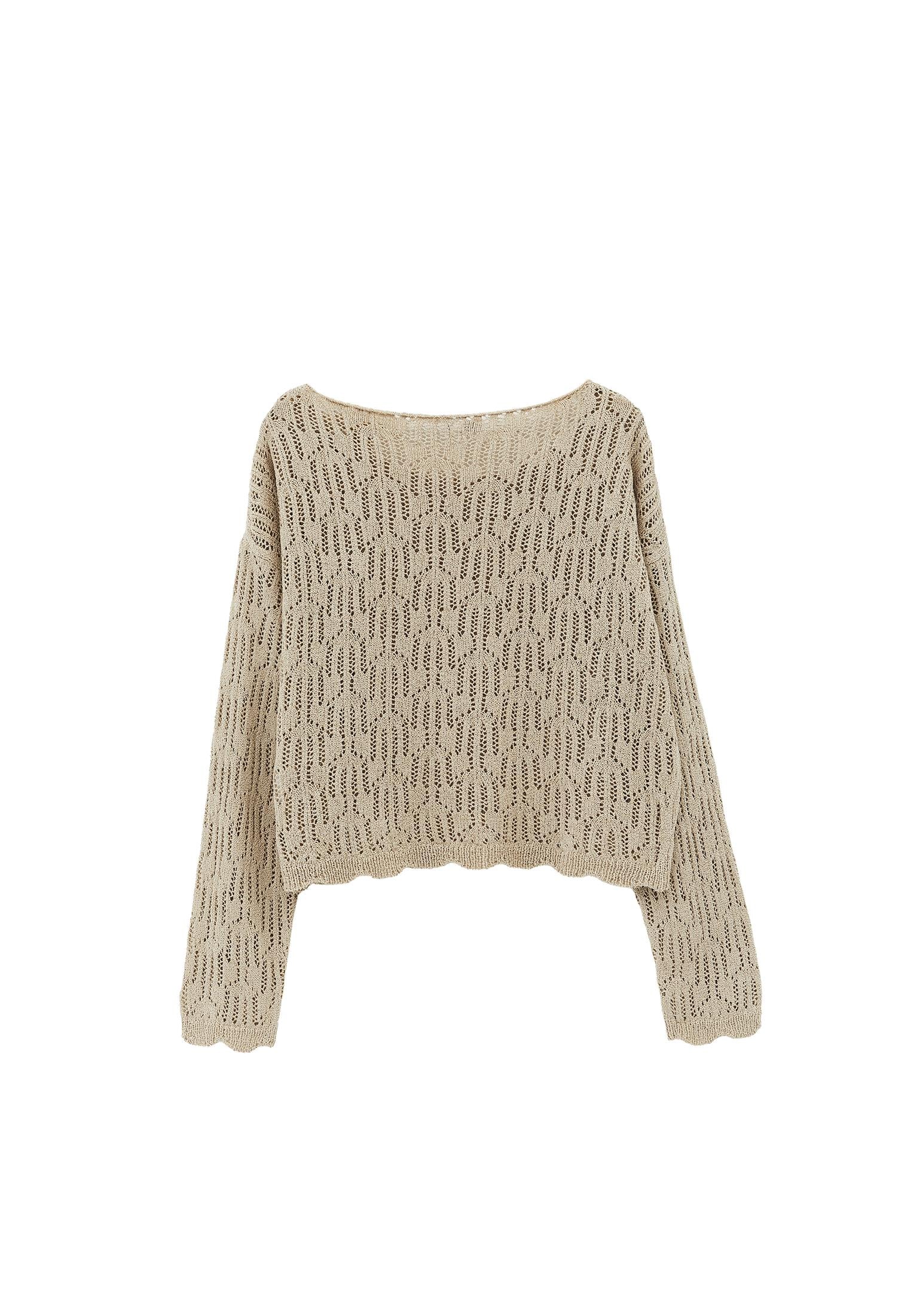 Openwork Boat Neck Sweater - FEATHER GRAY