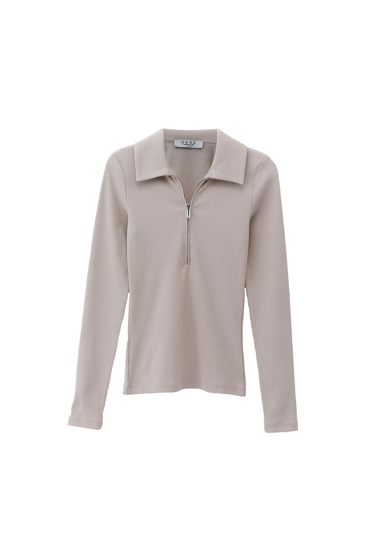 Long Sleeve Polo Collar Zipper Detail T-Shirt - FEATHER GRAY