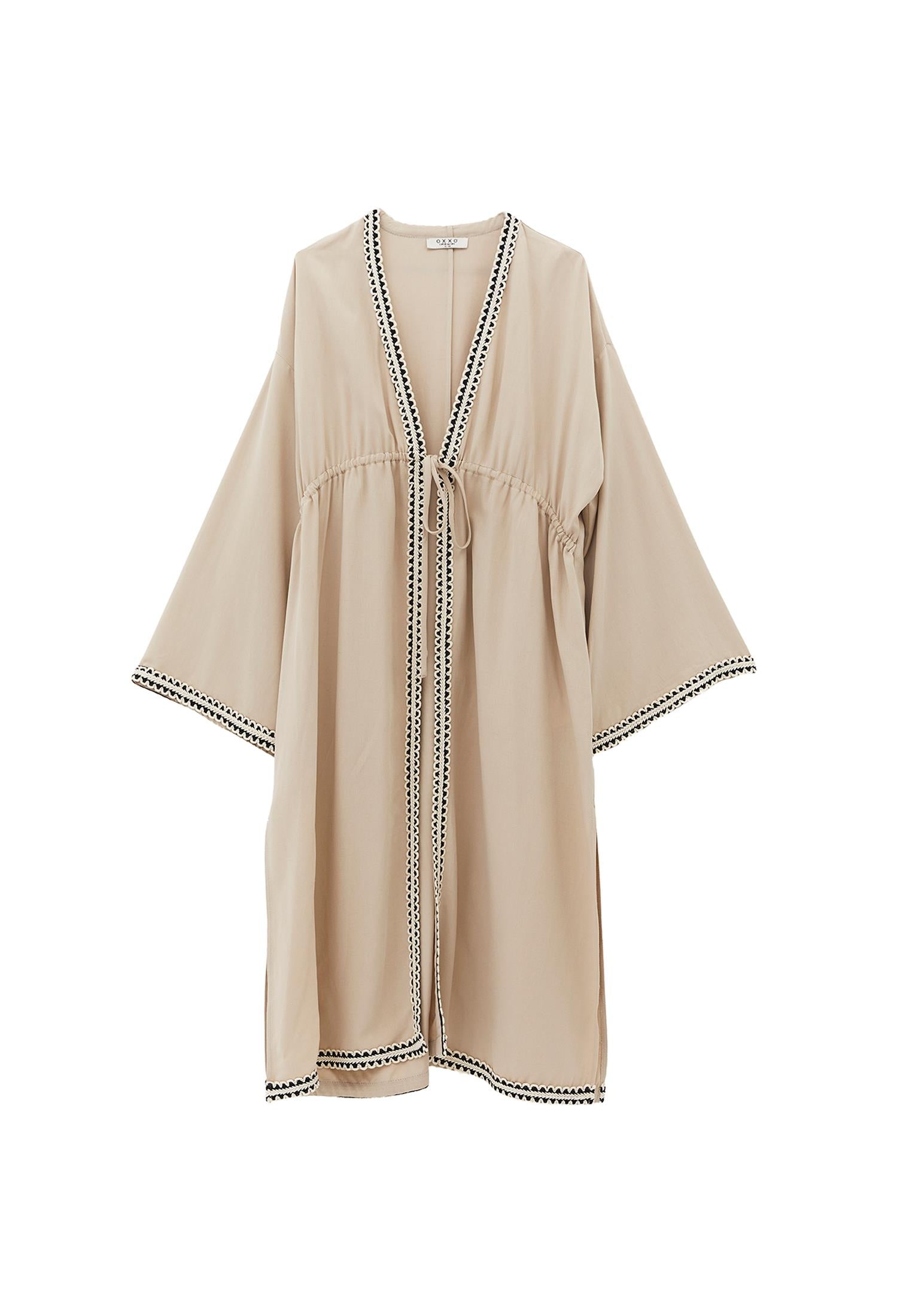 Long Kimono With Kimono Sleeve Tie - FEATHER GRAY