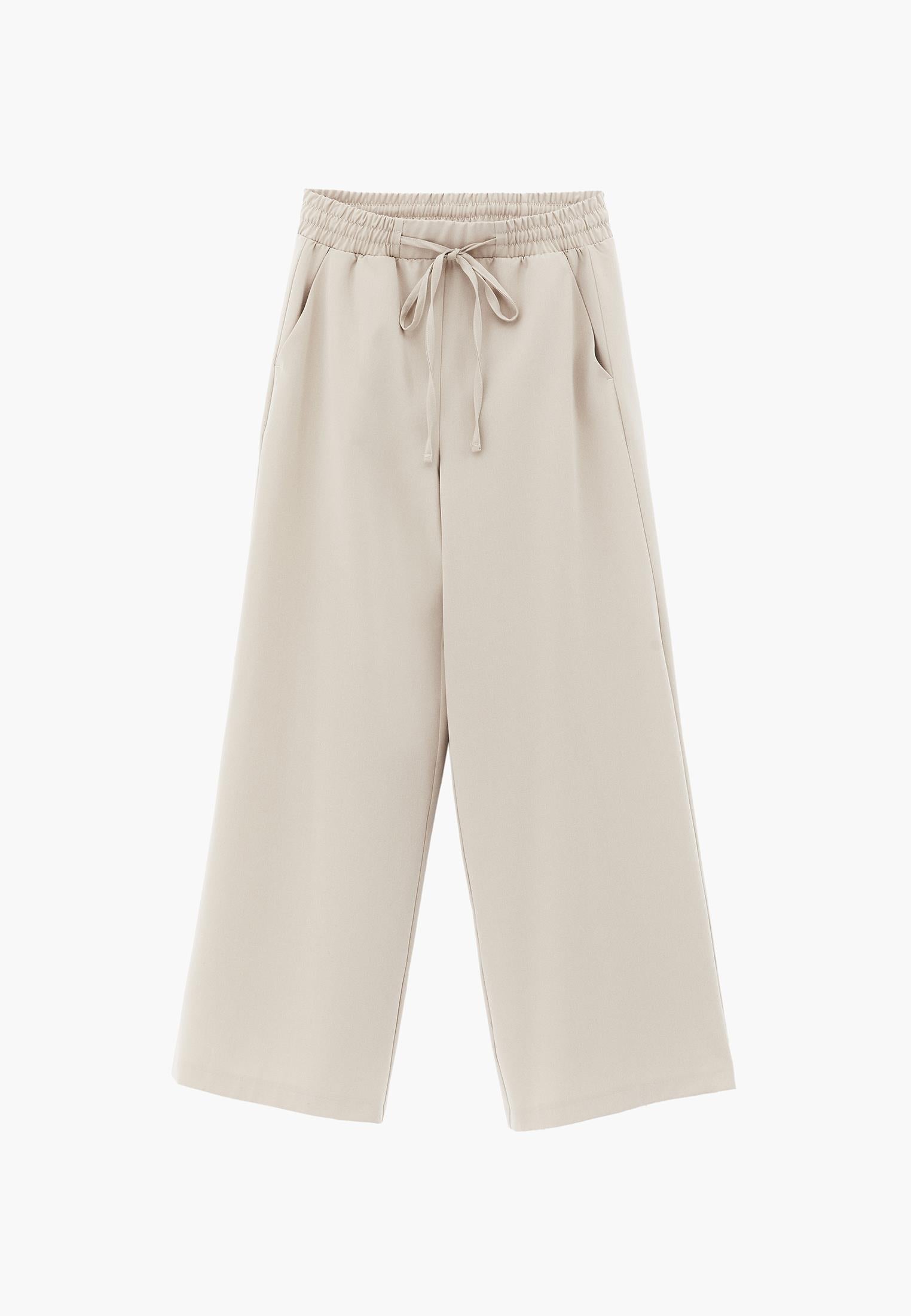Wide Leg High Waist Elastic Waistband Pants - FEATHER GRAY