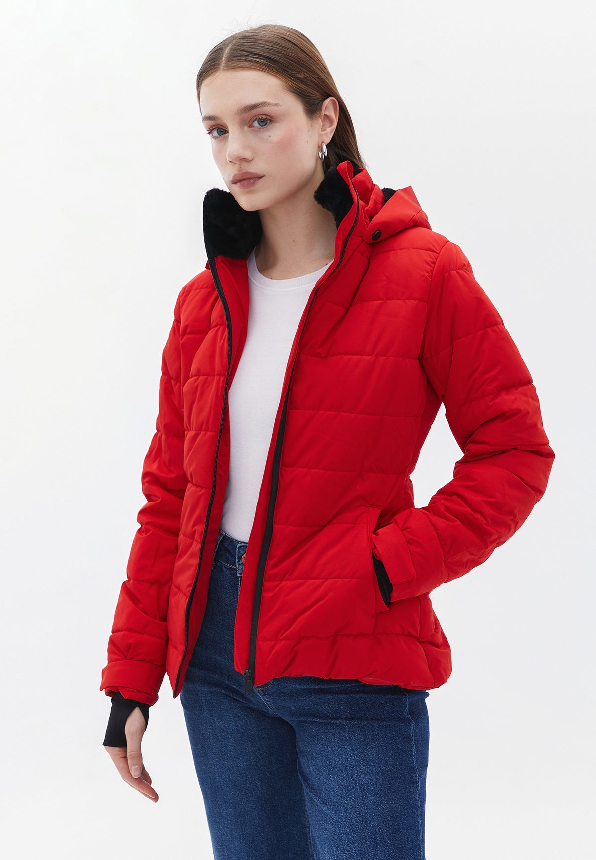 High Neck Long Sleeve Jacket - FIERY RED