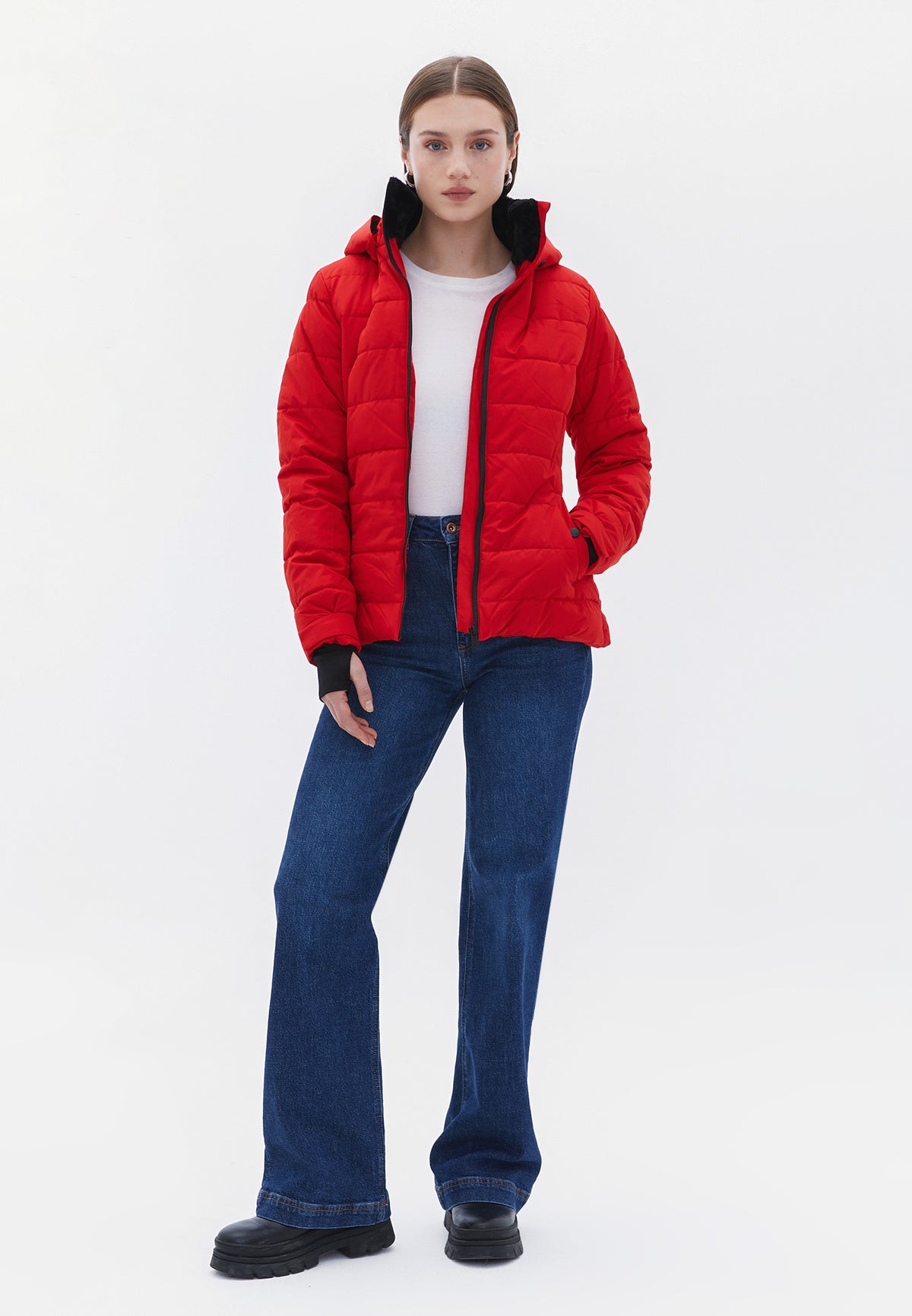 High Neck Long Sleeve Jacket - FIERY RED
