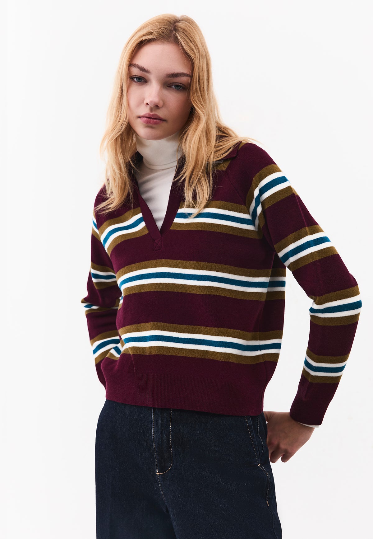 Striped Sweater with Polo Collar - FIG STRIPE COMB