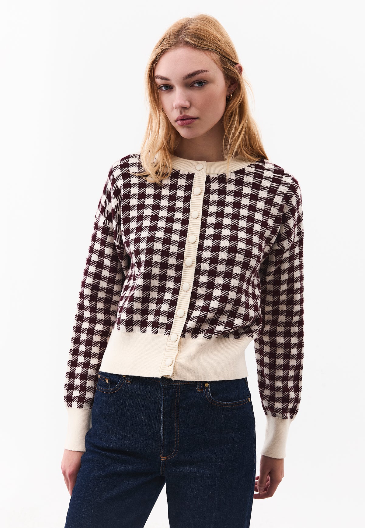 Jacquard Crew Neck Long Sleeve Cardigan - TURTLEDOVE/FIG