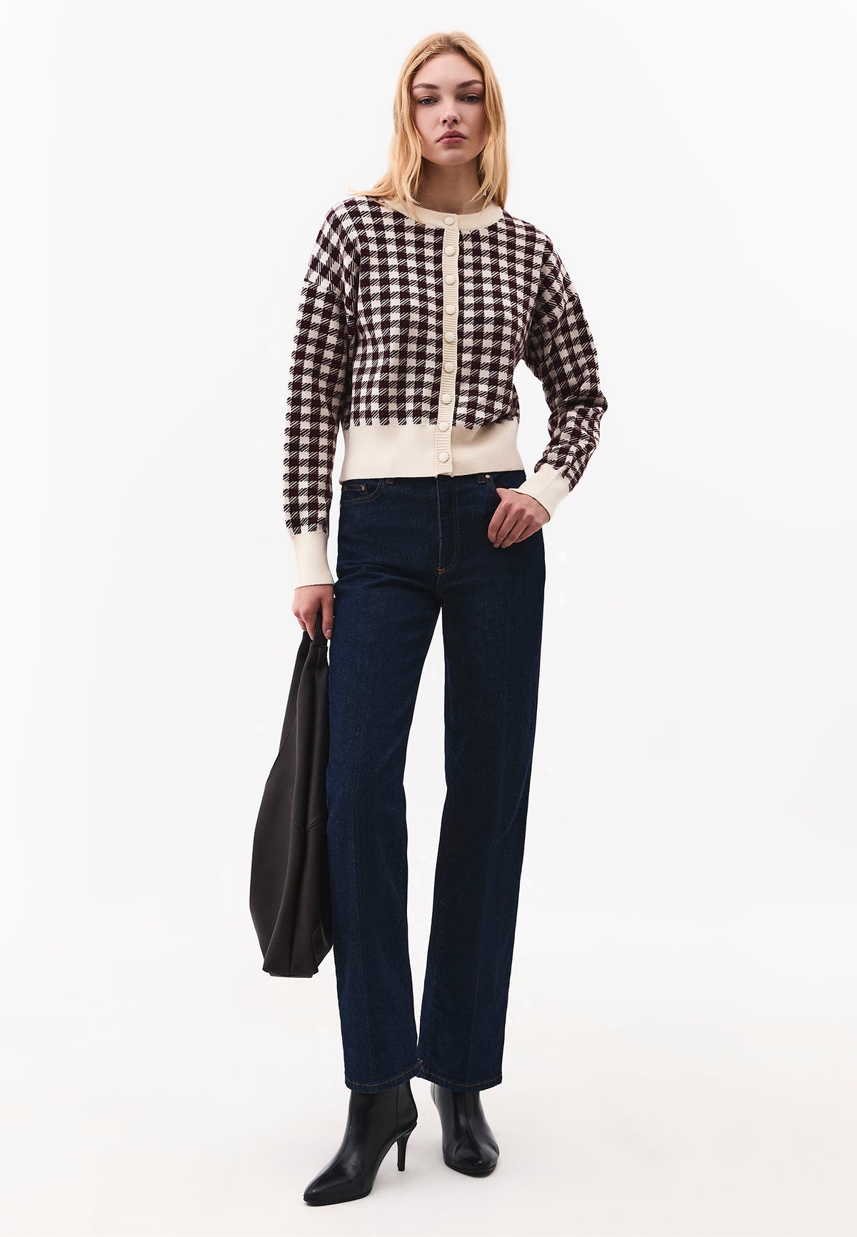 Jacquard Crew Neck Long Sleeve Cardigan - TURTLEDOVE/FIG