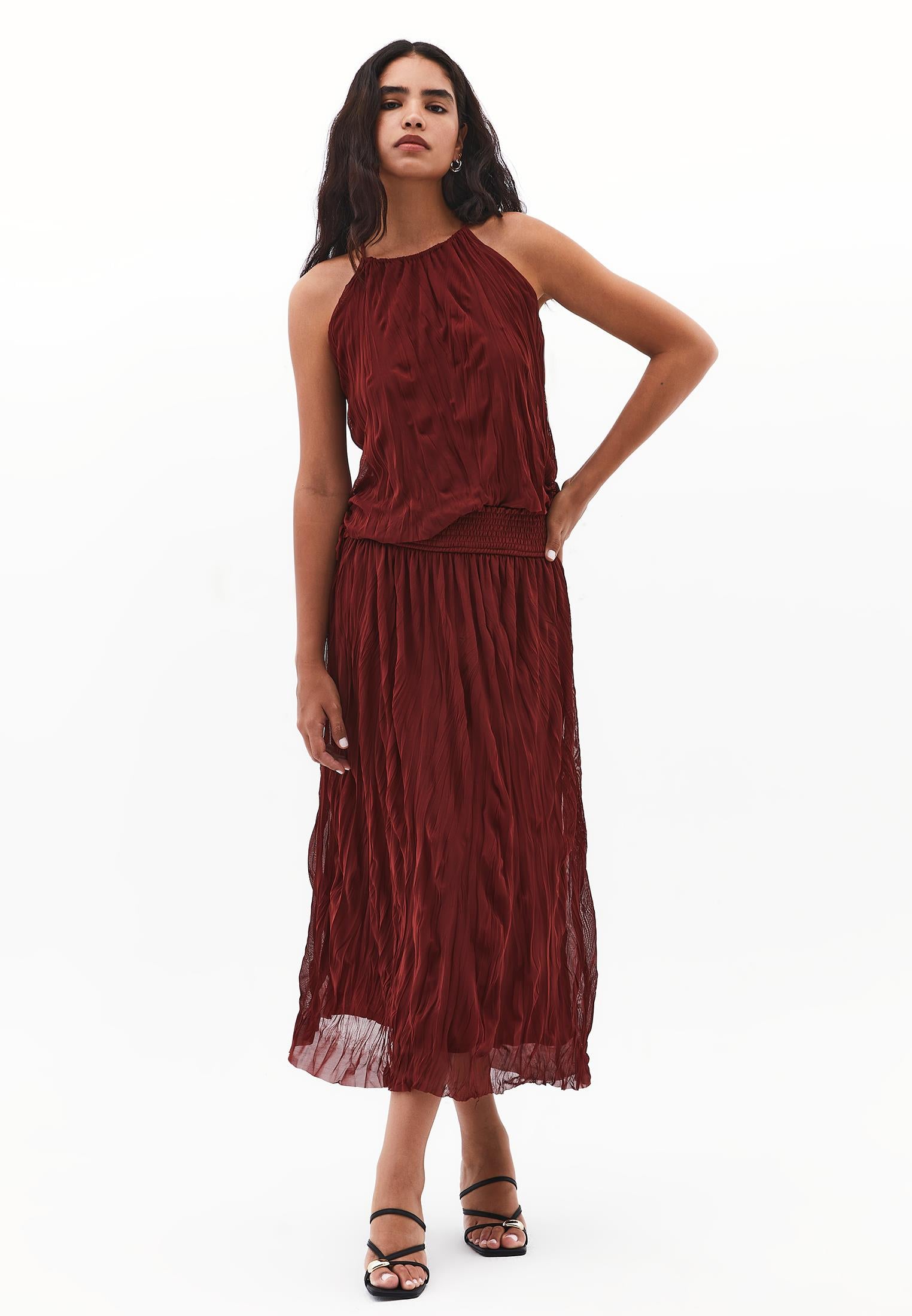Wrinkled Look Midi Skirt - FIRED BRICK