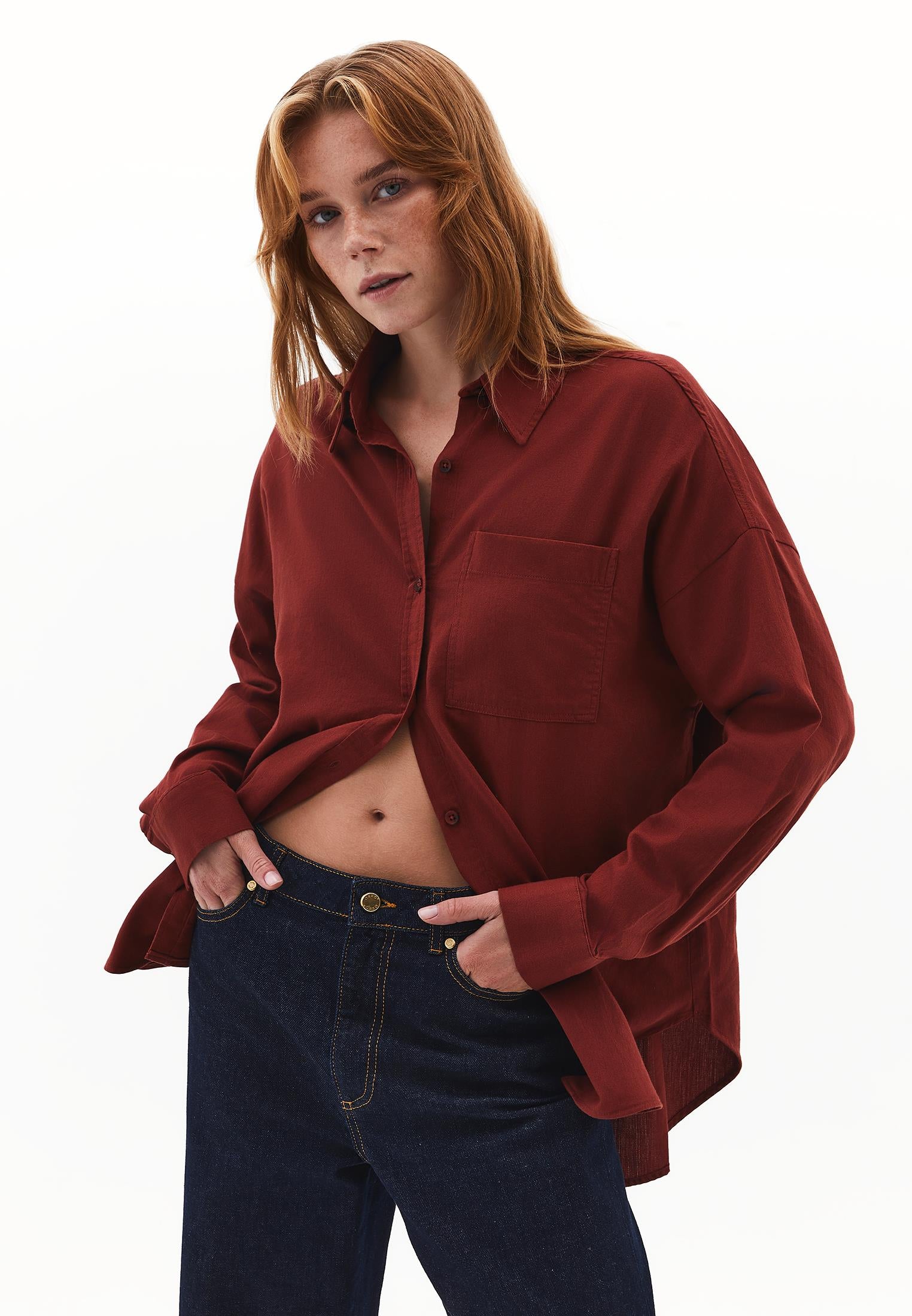Buttoned Shirt Collar Oversize Shirt - FIRED BRICK