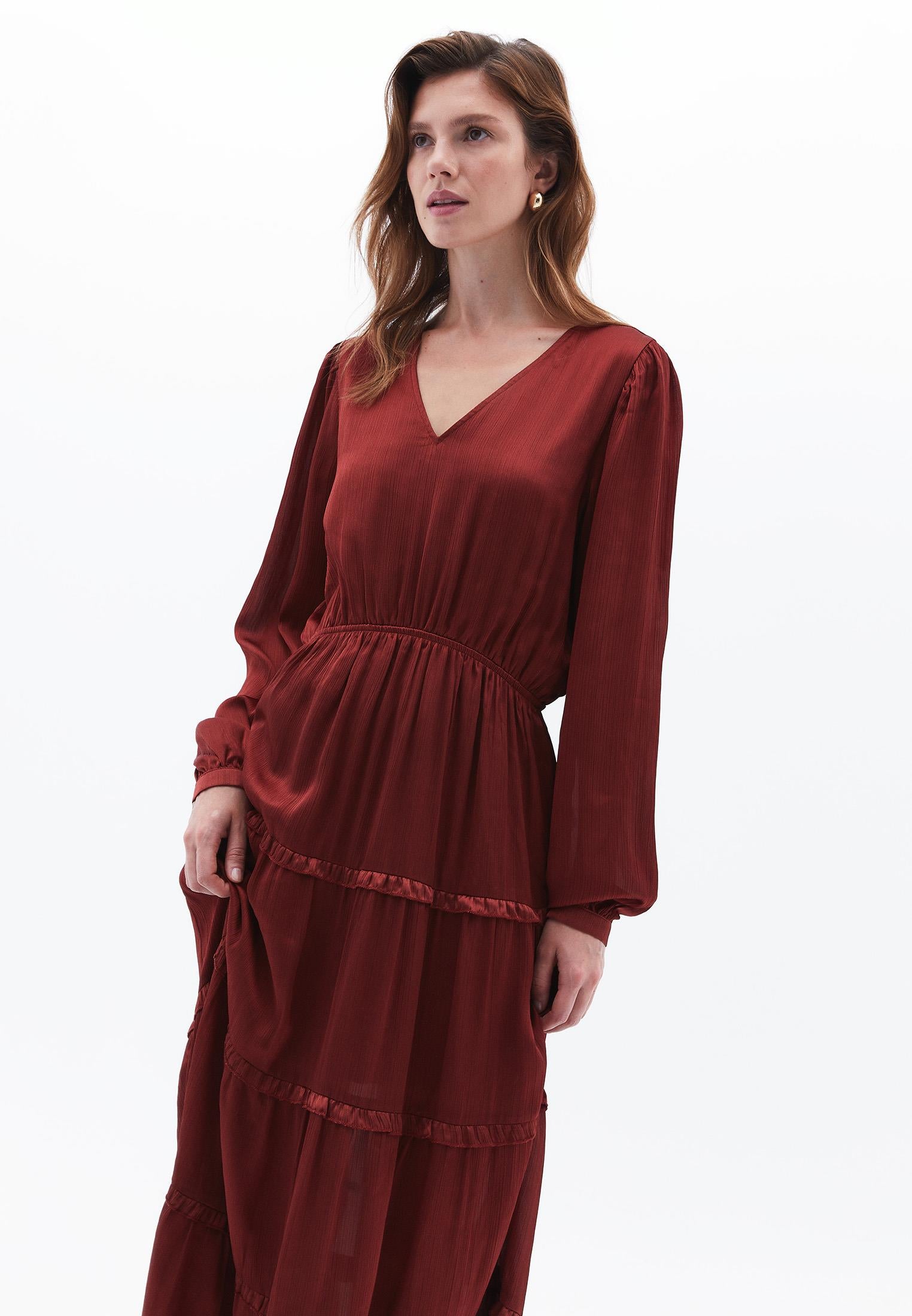 Long V-Neck Dress - FIRED BRICK