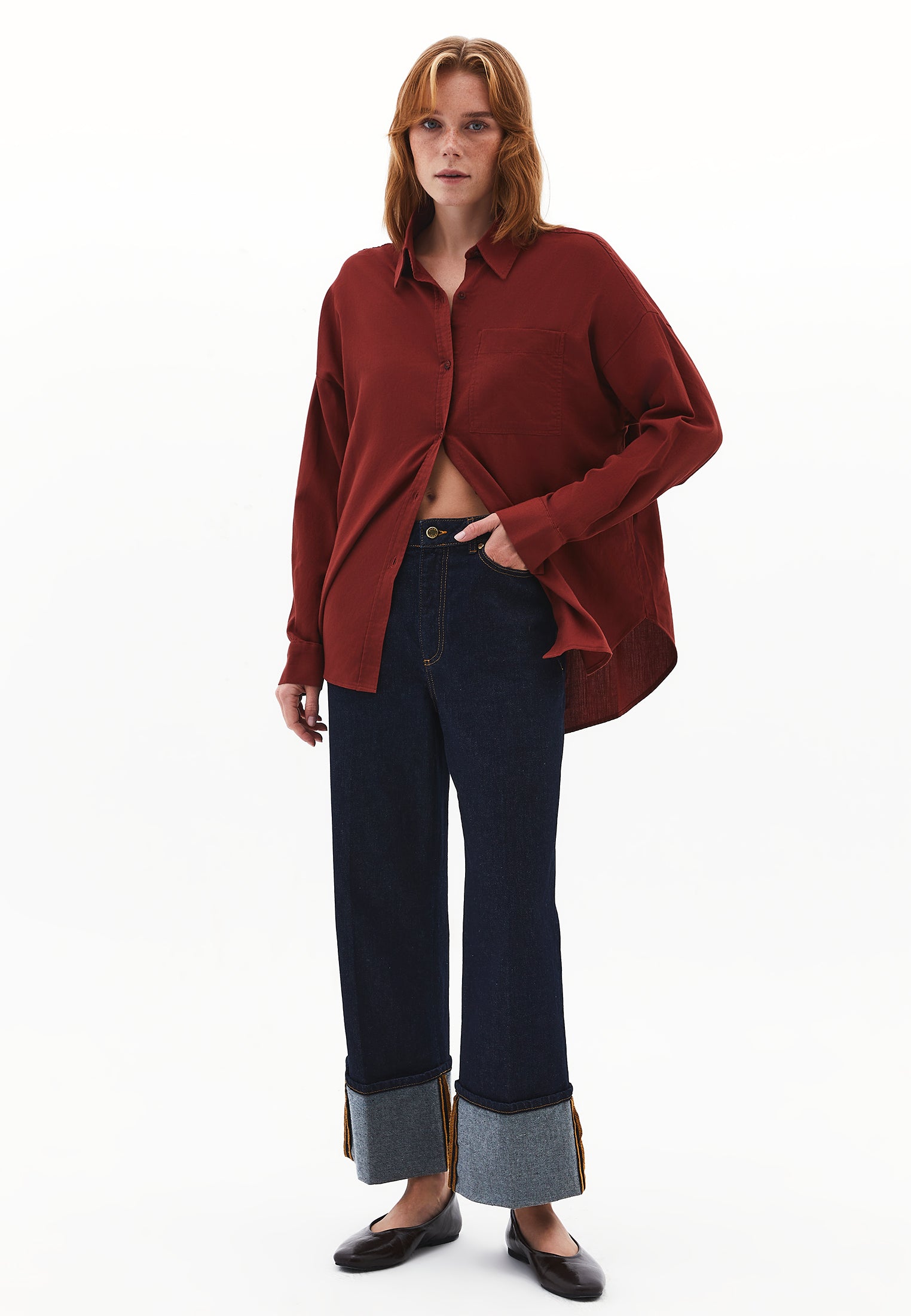 Buttoned Shirt Collar Oversize Shirt - FIRED BRICK