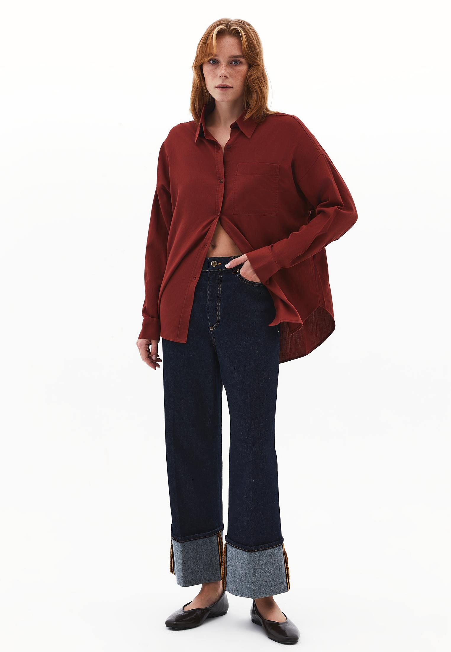 Buttoned Shirt Collar Oversize Shirt - FIRED BRICK