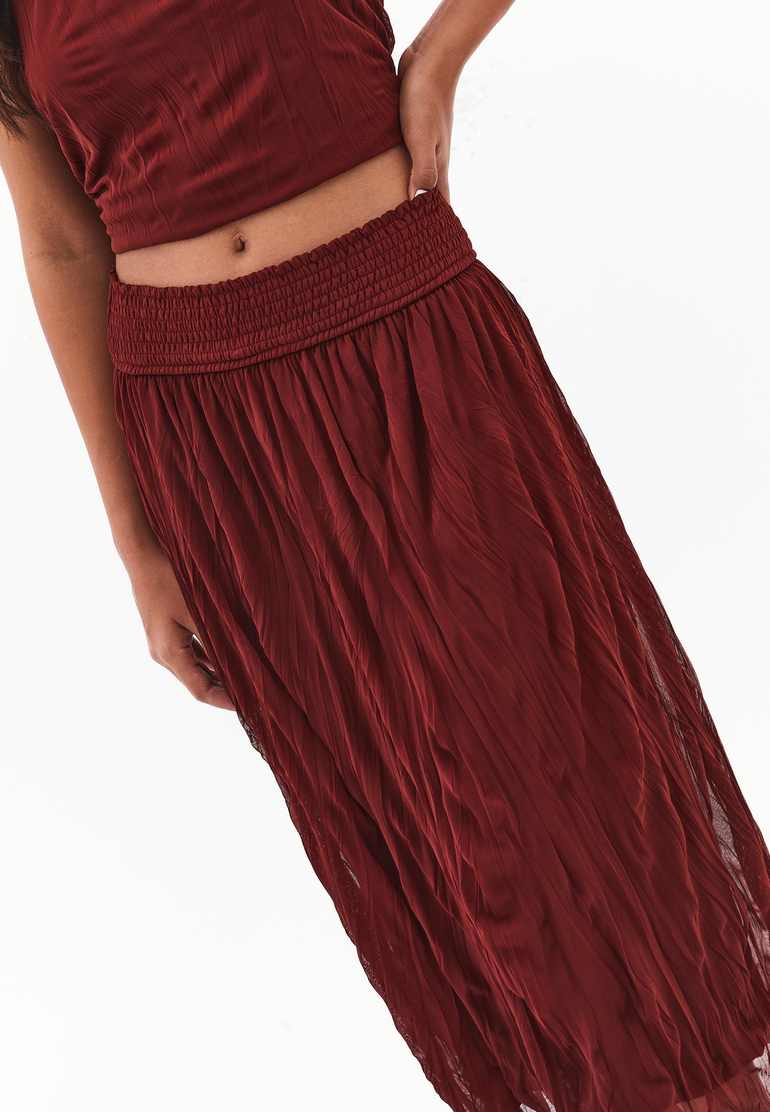 Wrinkled Look Midi Skirt - FIRED BRICK