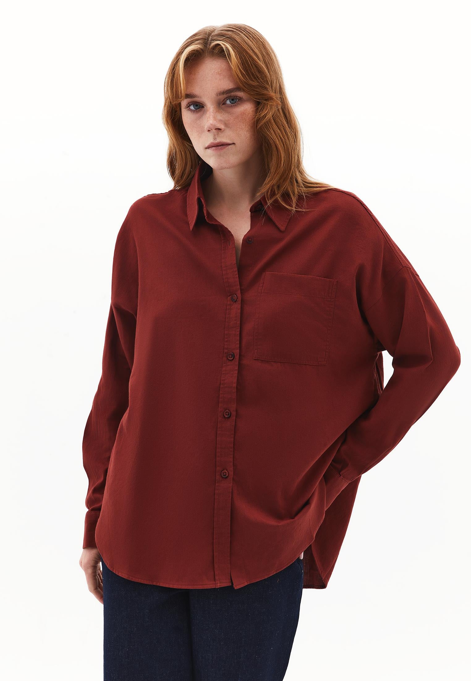 Buttoned Shirt Collar Oversize Shirt - FIRED BRICK