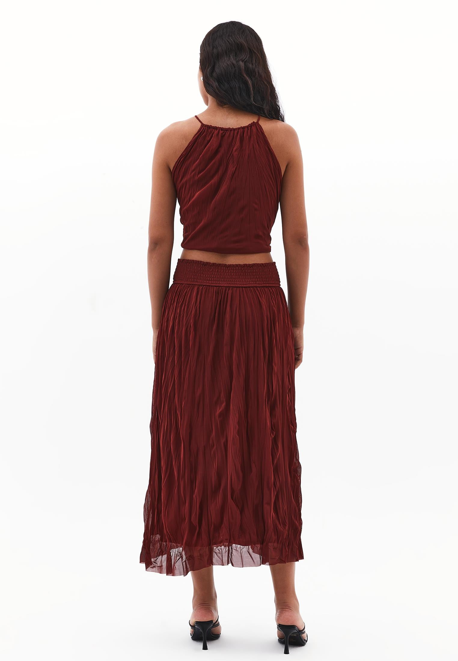 Wrinkled Look Midi Skirt - FIRED BRICK