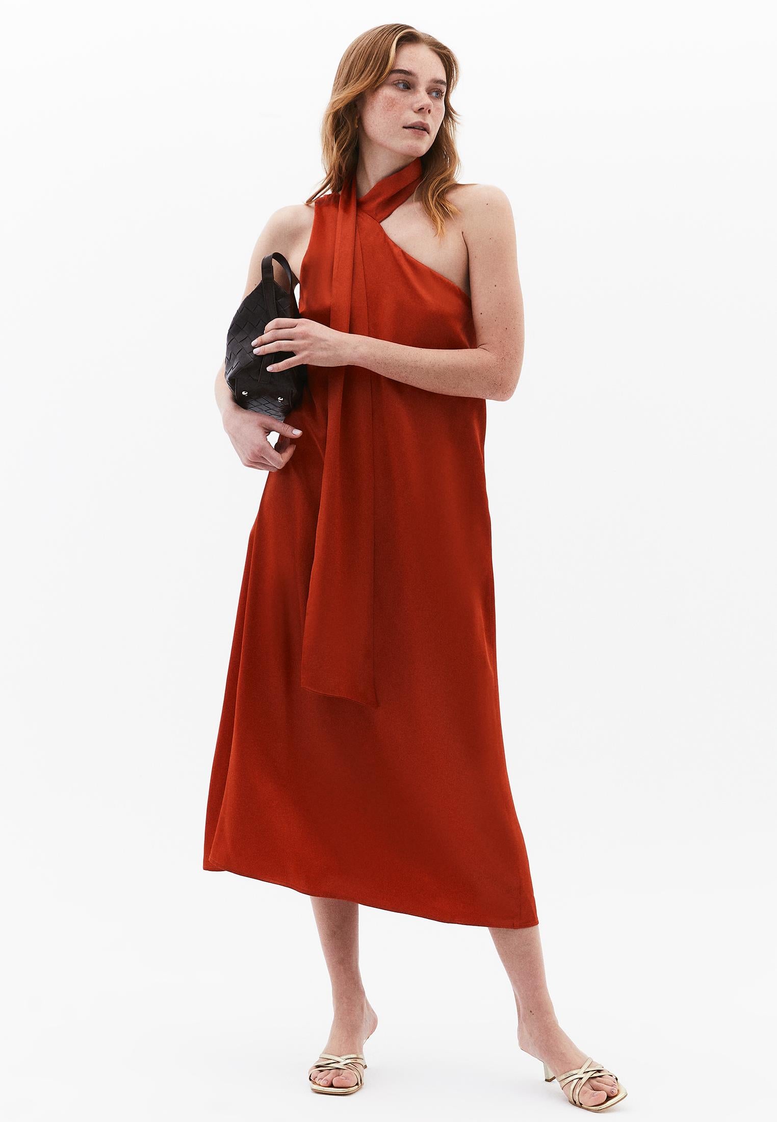 Asymmetric Collar Viscose Dress - FIRE WHIRL