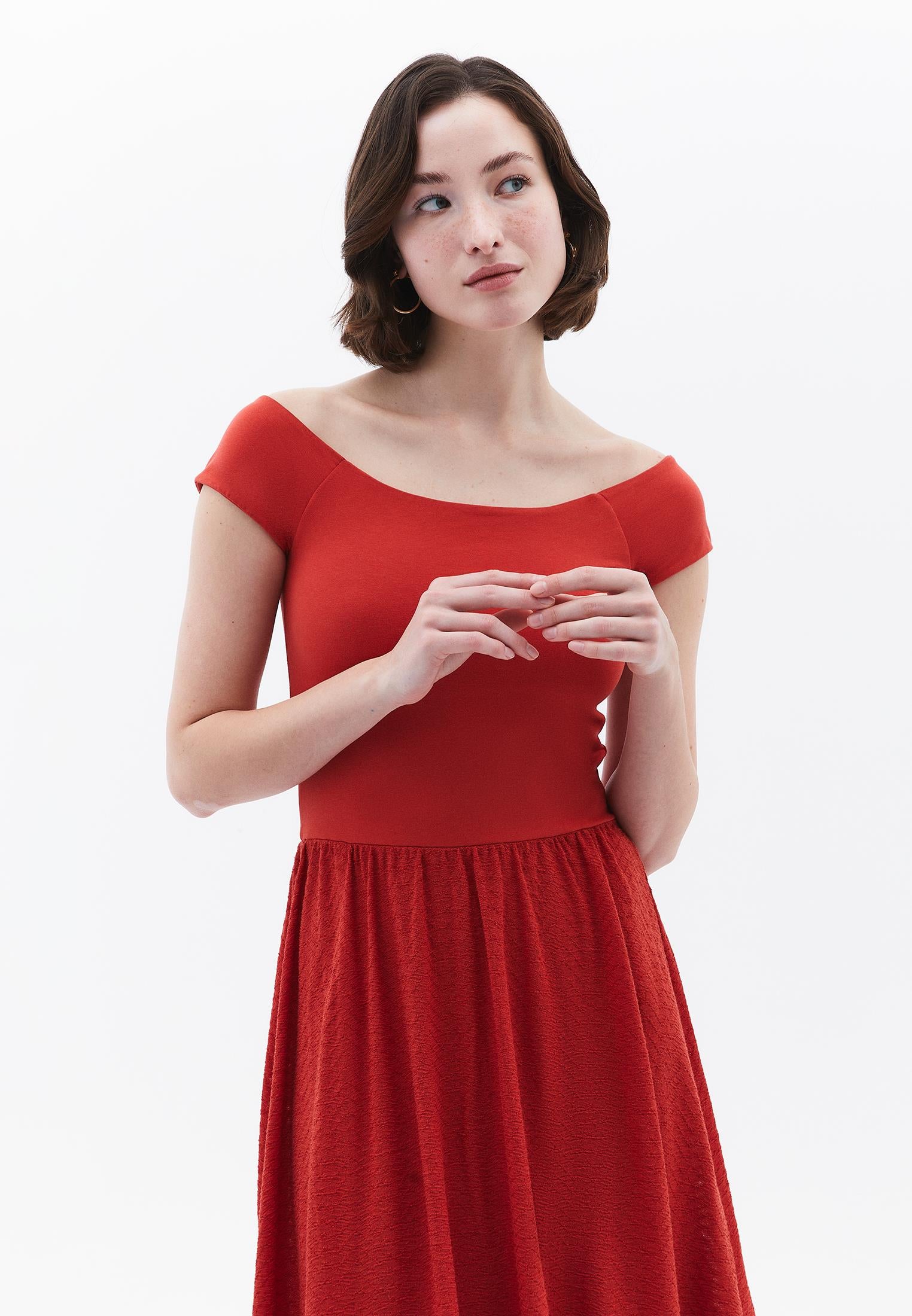 Off Shoulder Balloon Form Midi Dress - FIRE WHIRL