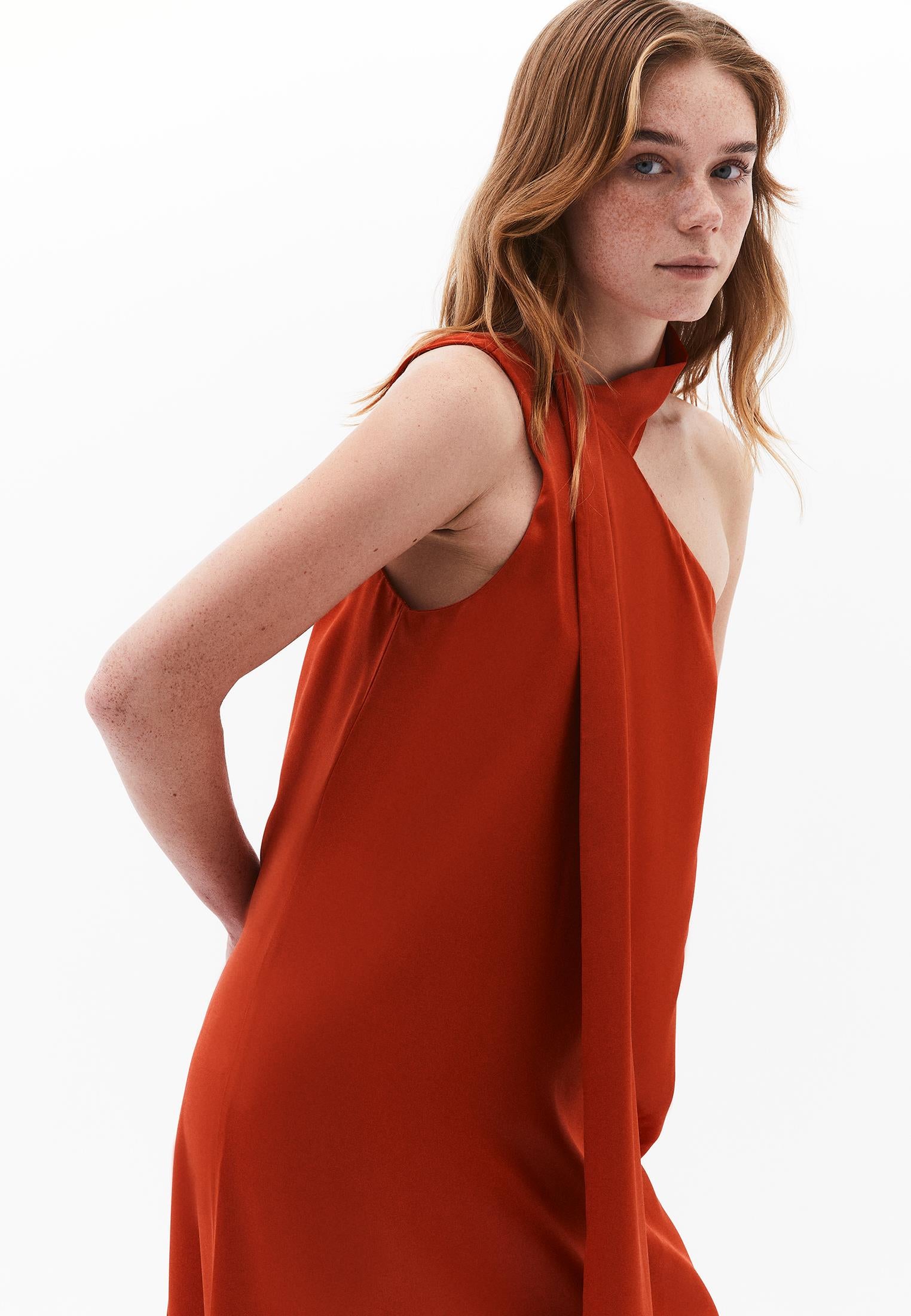 Asymmetric Collar Viscose Dress - FIRE WHIRL