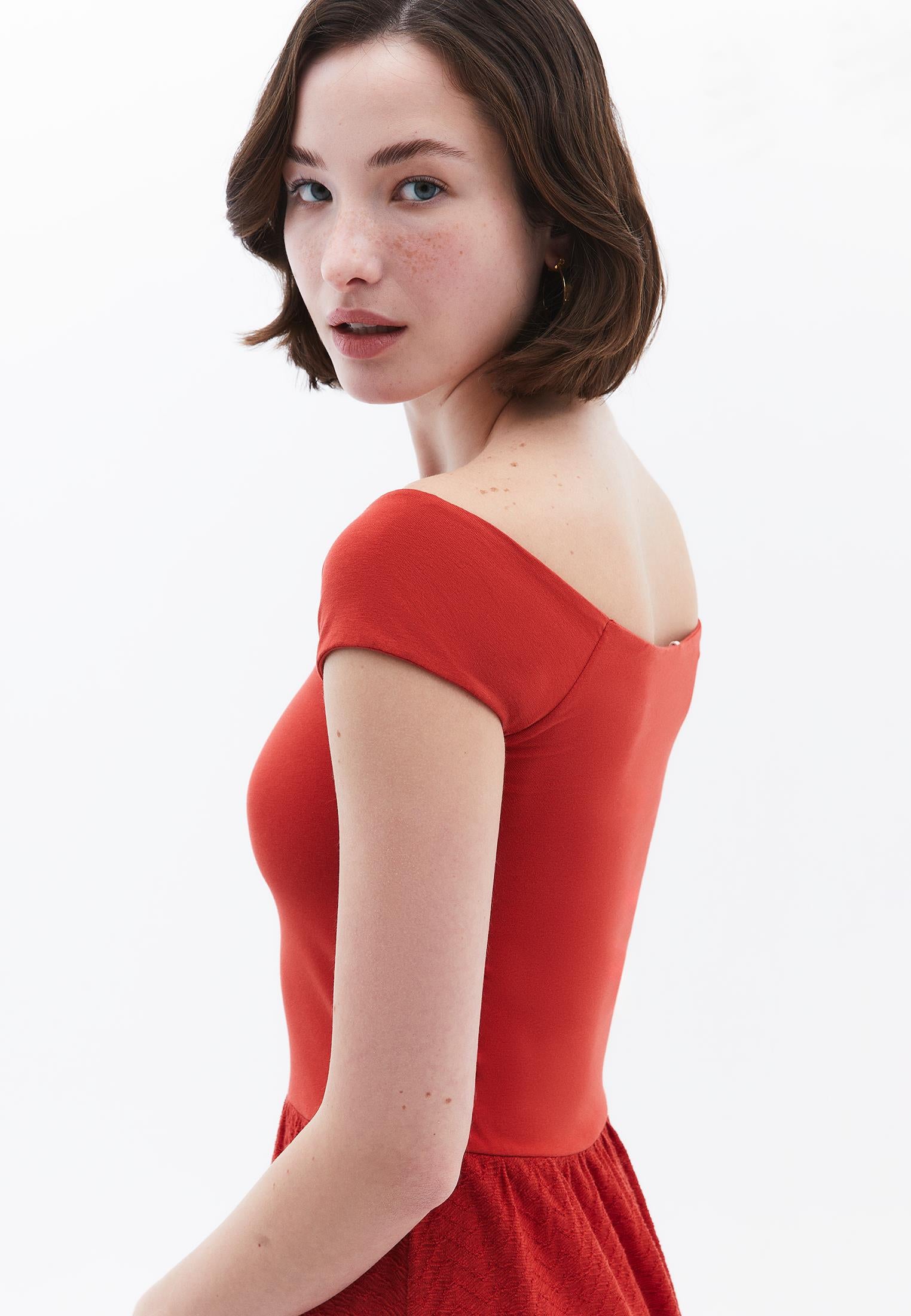 Off Shoulder Balloon Form Midi Dress - FIRE WHIRL