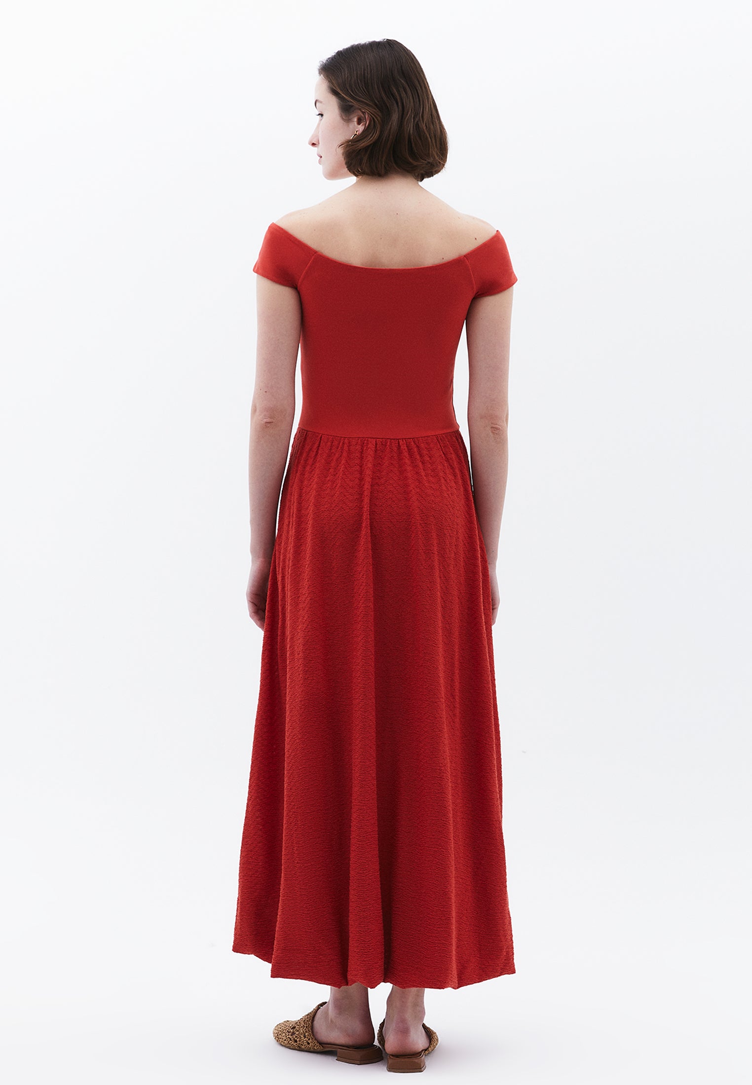 Off Shoulder Balloon Form Midi Dress - FIRE WHIRL