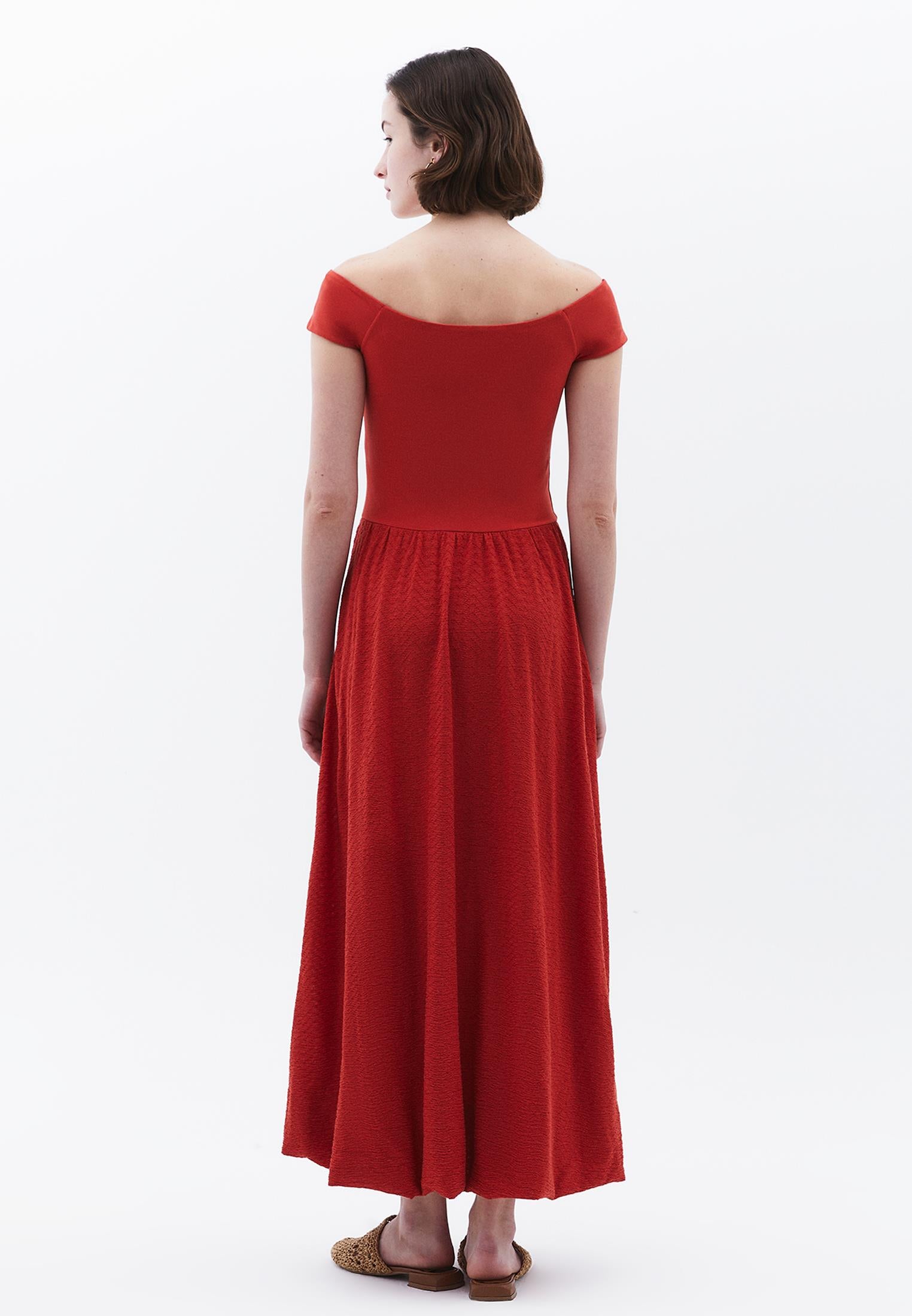 Off Shoulder Balloon Form Midi Dress - FIRE WHIRL