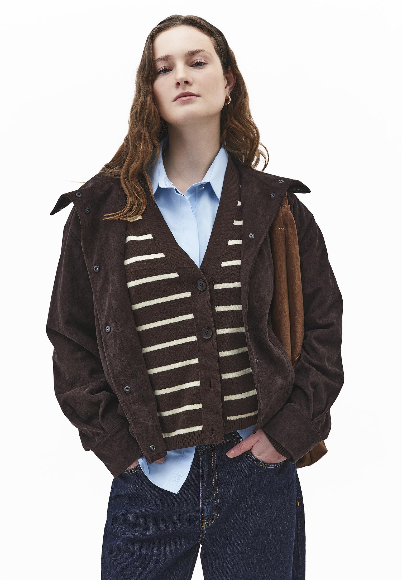 V Neck Striped Loose Knit Cardigan - CHOCOLATE BROWN/FLAN