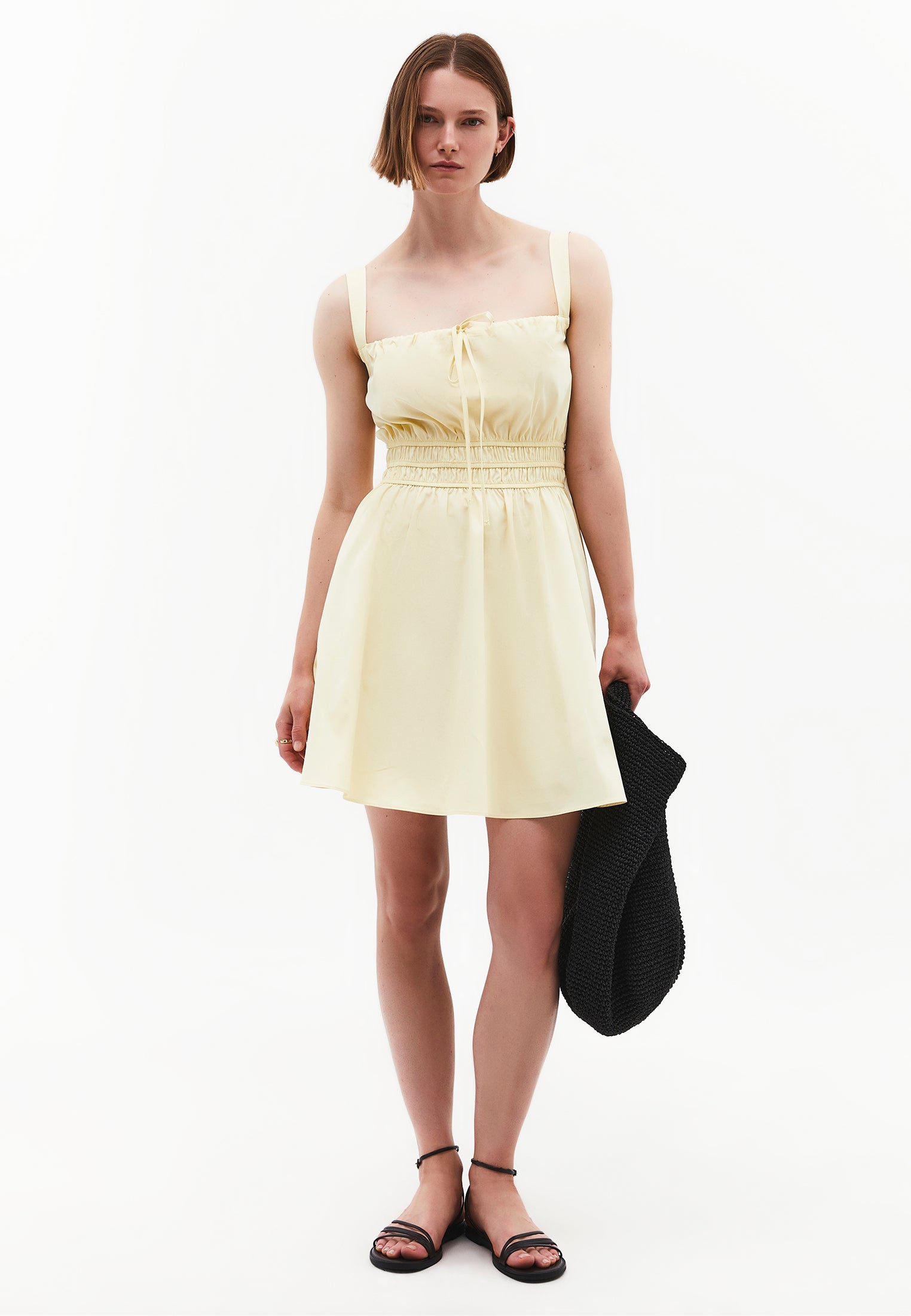 Strappy Square Neckline Short Dress With Bow And Gathered Details - FLAN