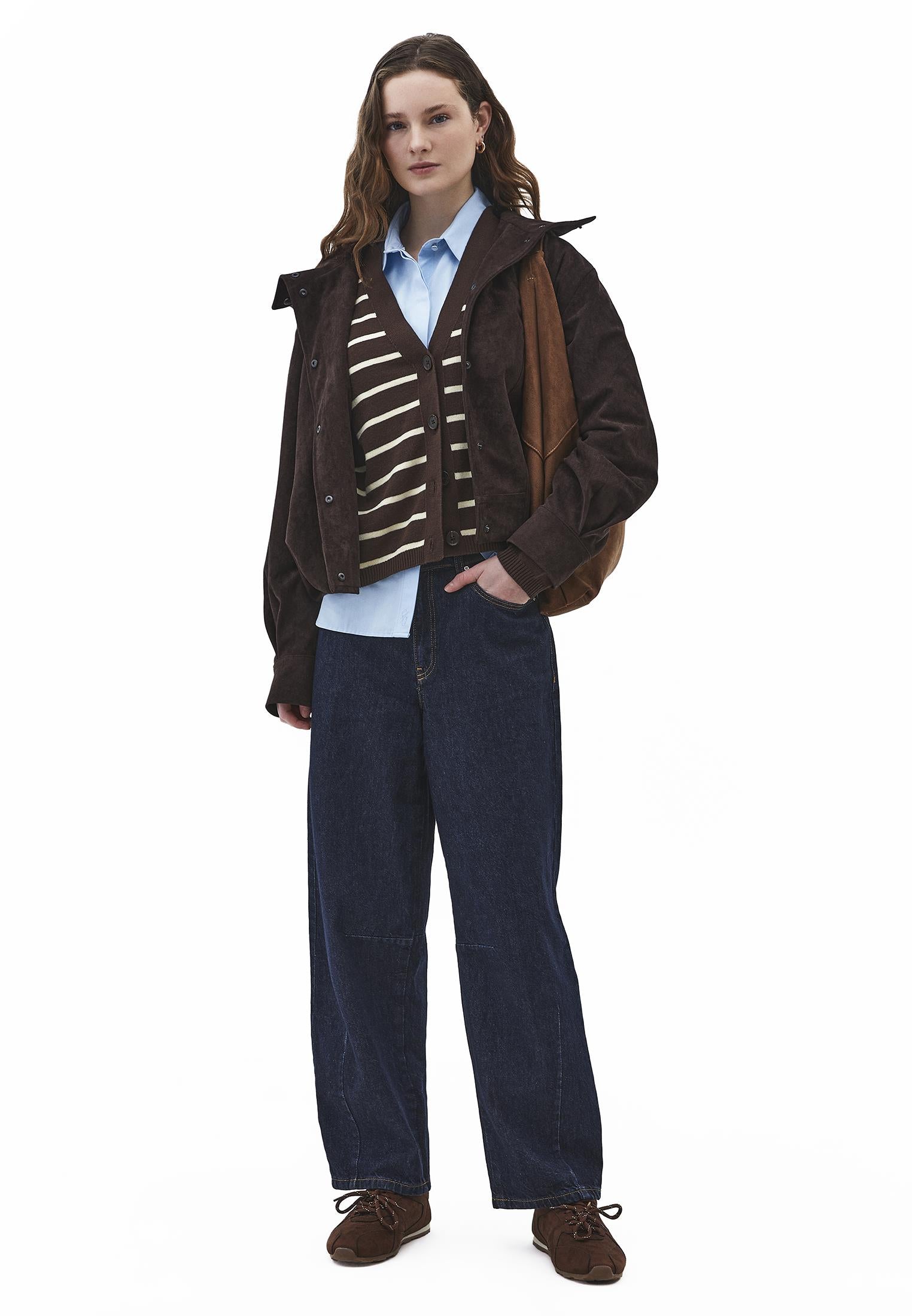 V Neck Striped Loose Knit Cardigan - CHOCOLATE BROWN/FLAN