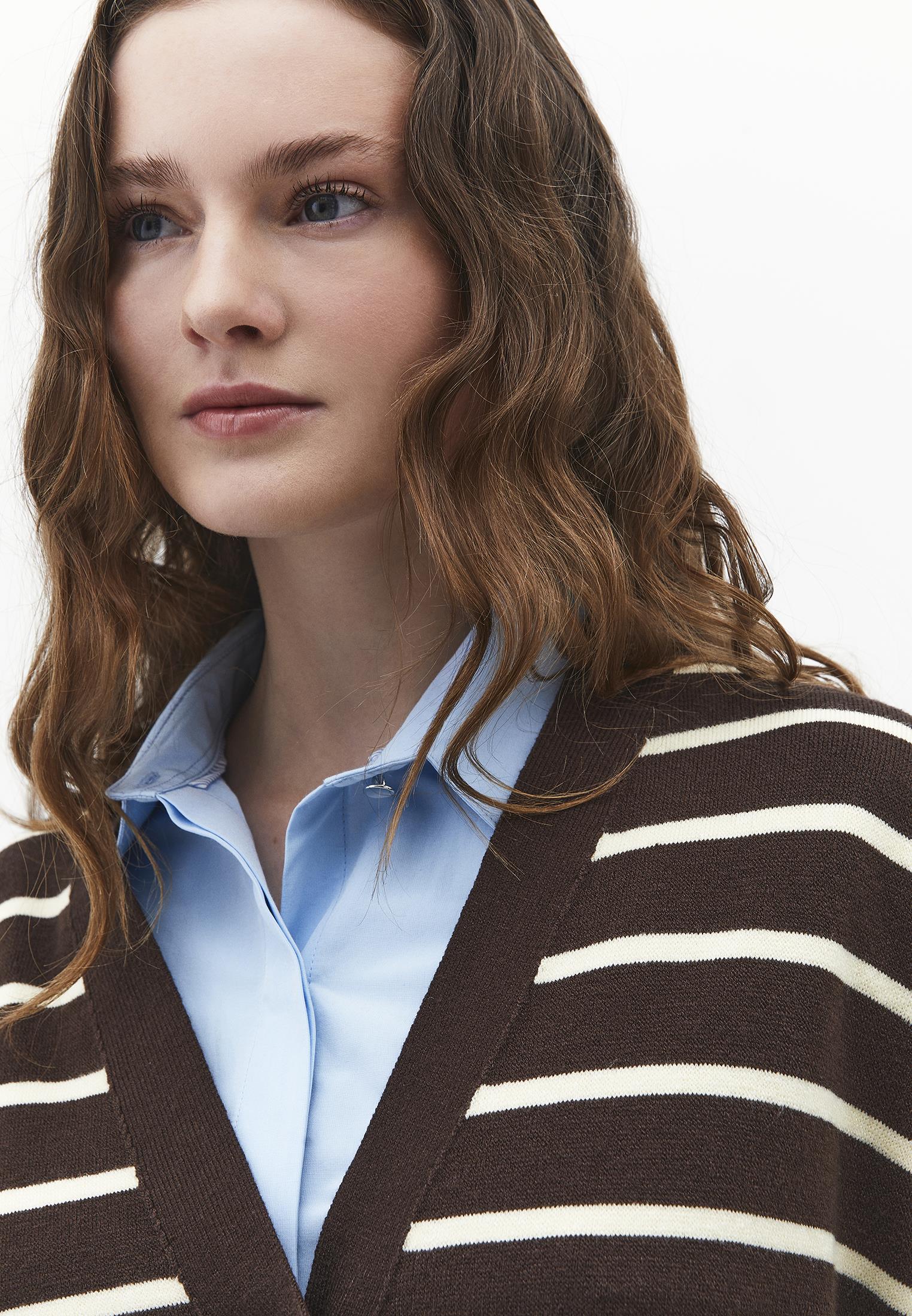 V Neck Striped Loose Knit Cardigan - CHOCOLATE BROWN/FLAN