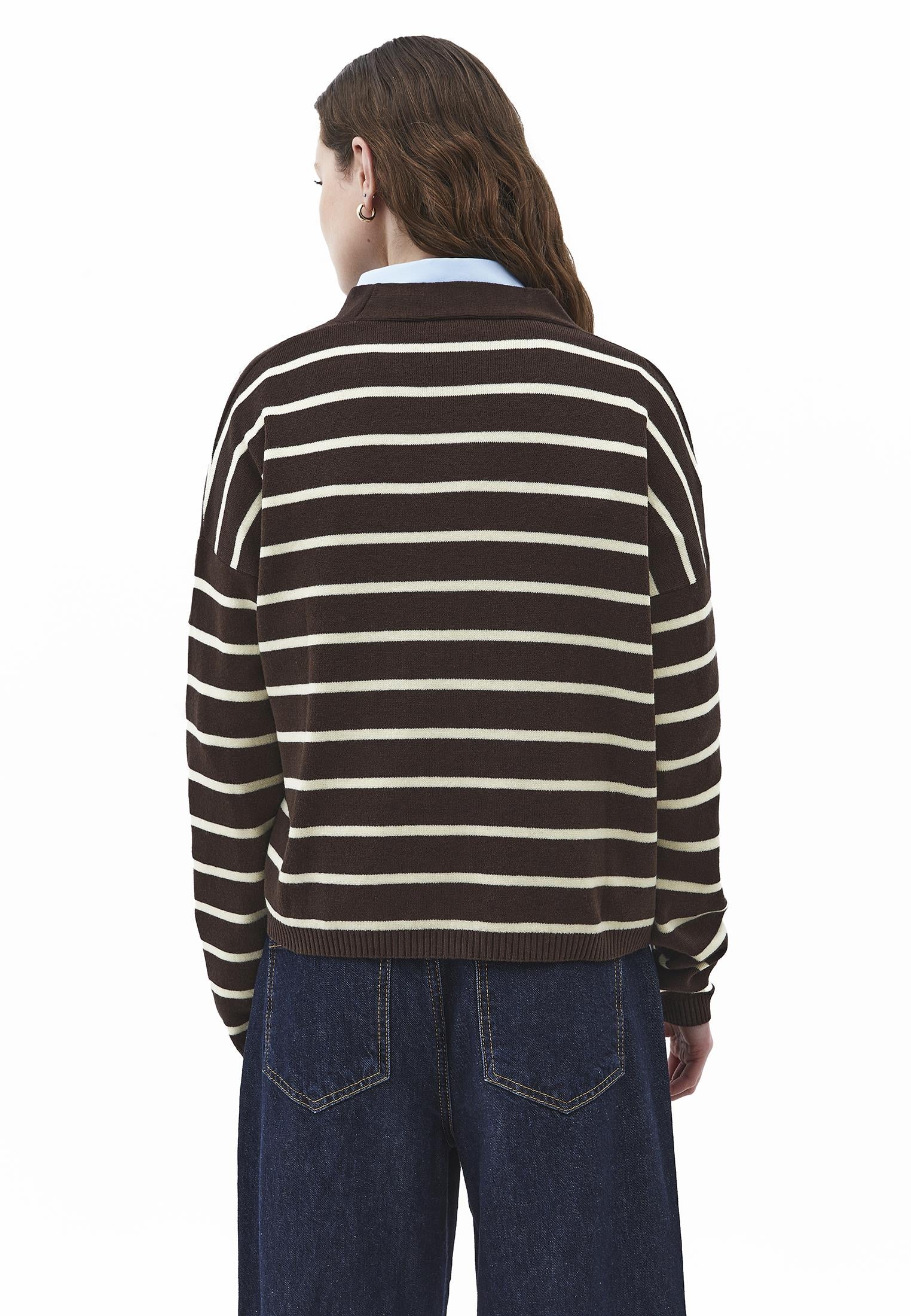 V Neck Striped Loose Knit Cardigan - CHOCOLATE BROWN/FLAN