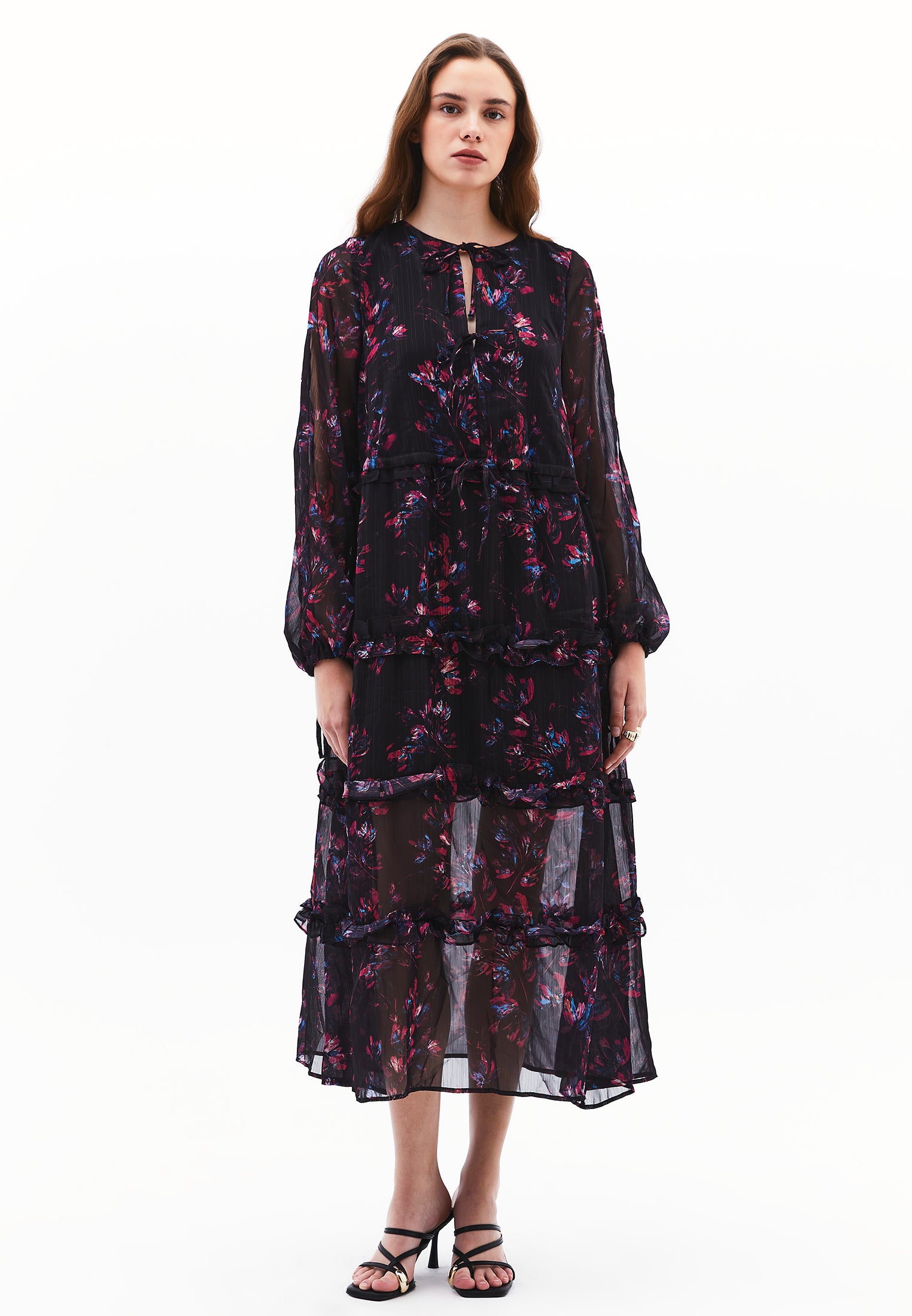 Long Dress With Slit And Tie - FLORAL COMB