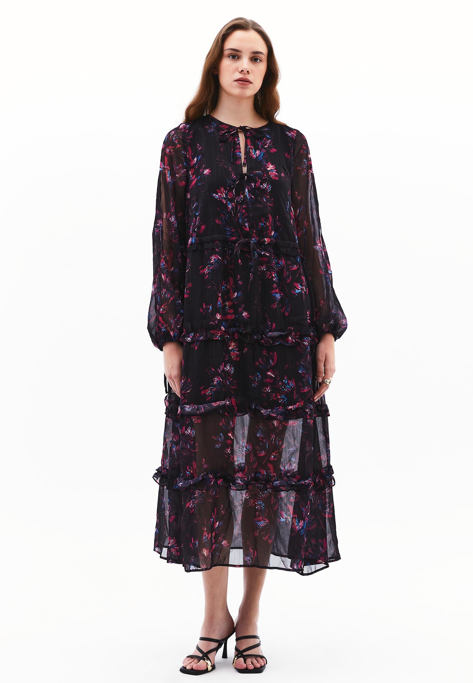 Long Dress With Slit And Tie - FLORAL COMB