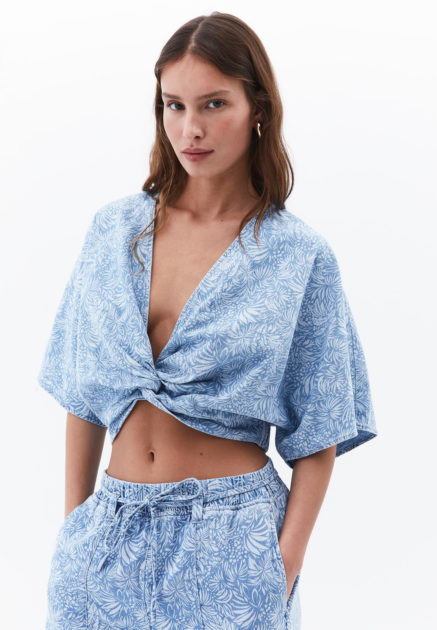 Twisted V Neck Blouse - FLORAL DENIM