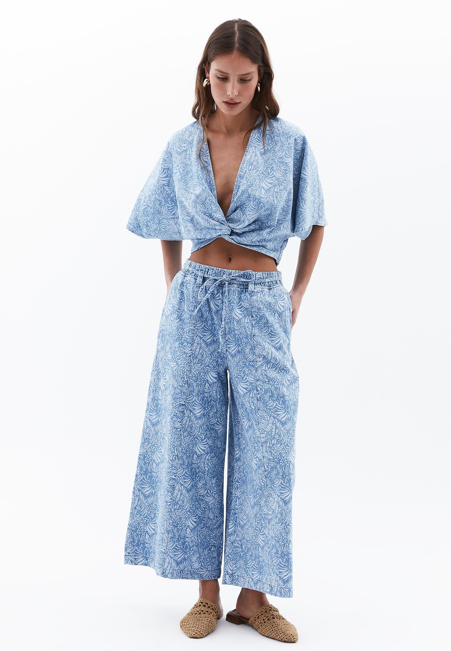 High Waist Culotte Denim Pants - FLORAL DENIM