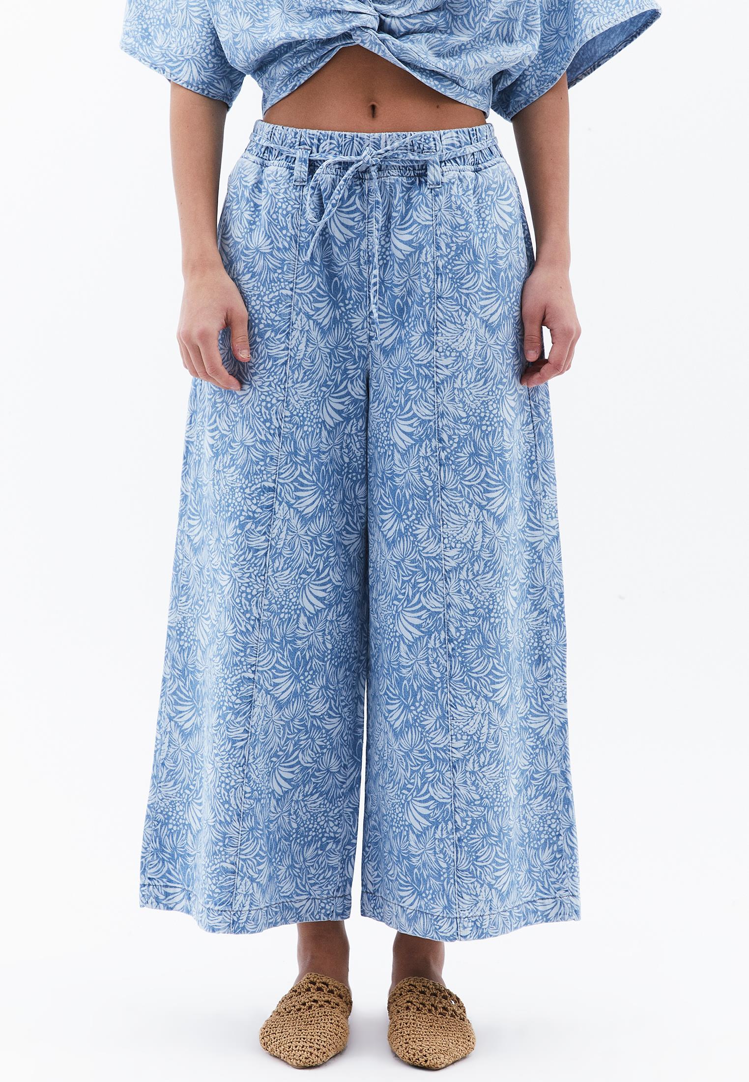 High Waist Culotte Denim Pants - FLORAL DENIM