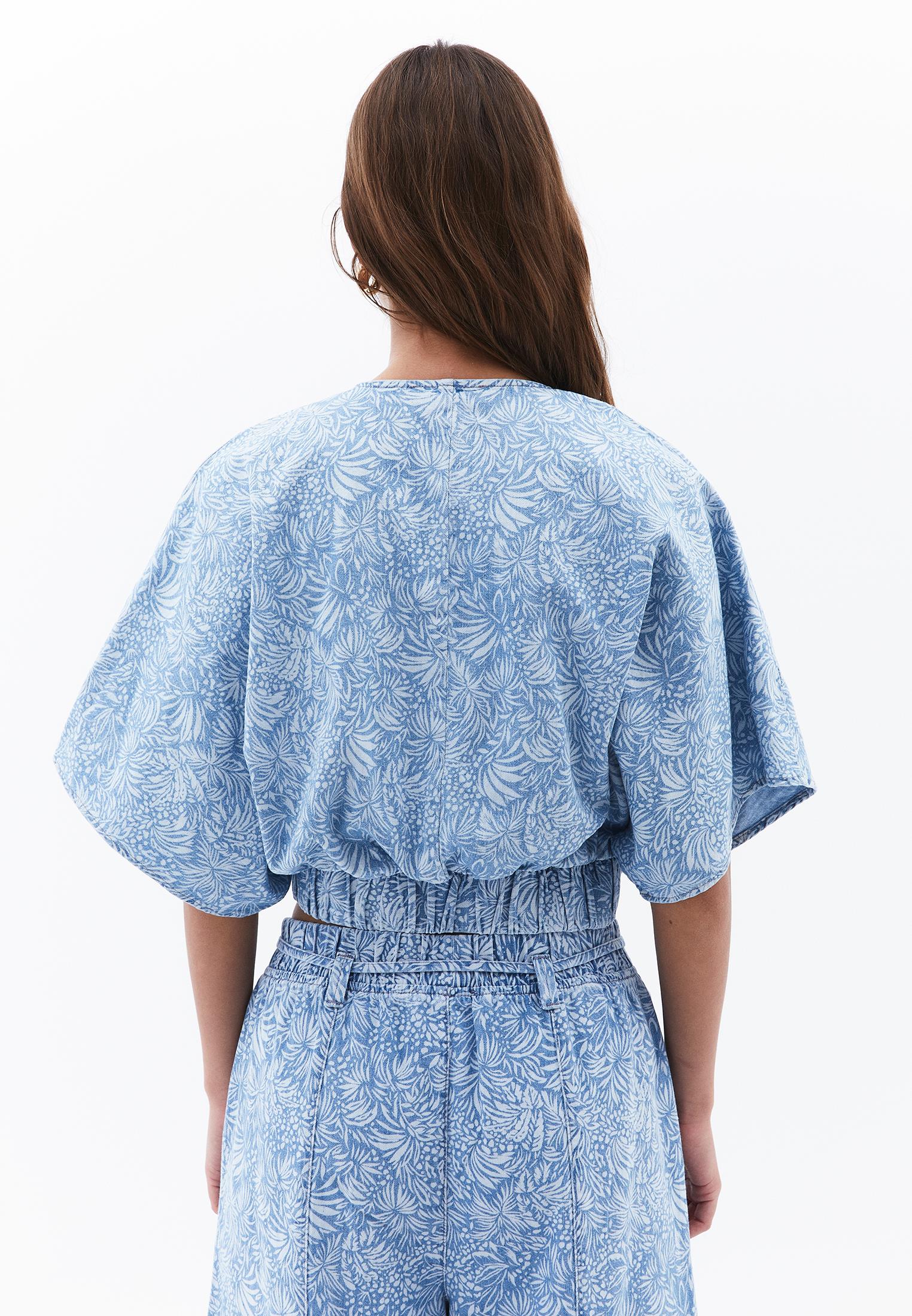 Twisted V Neck Blouse - FLORAL DENIM