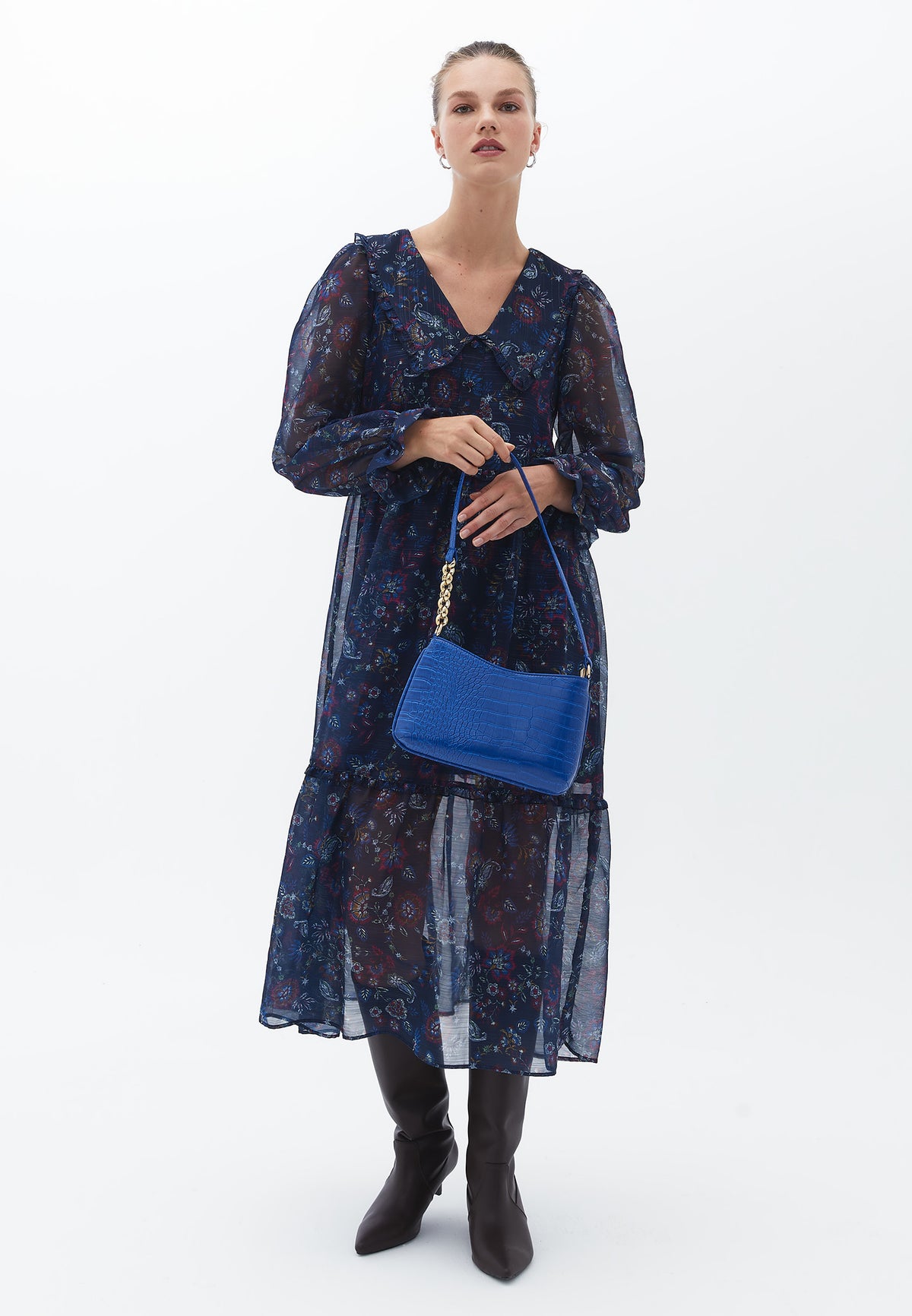 Long Sleeve Glitter Printed Long Dress - FLORAL PRINT