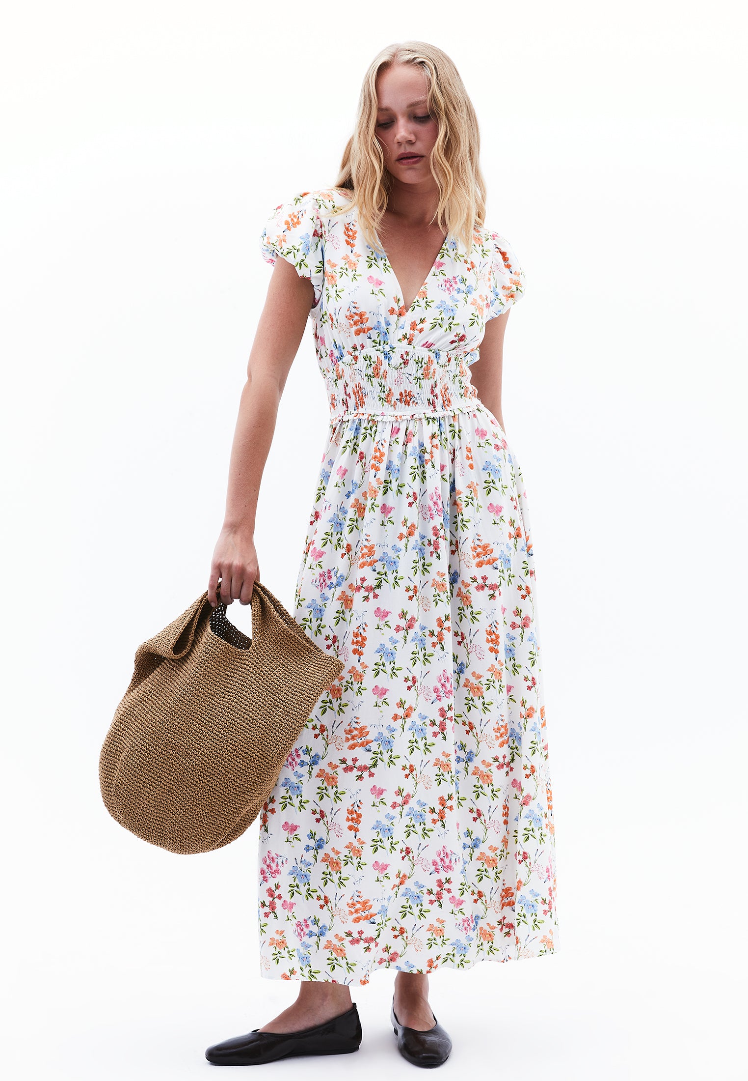 V Neck Balloon Sleeve Shirred Long Flared Dress - FLORAL PRINT