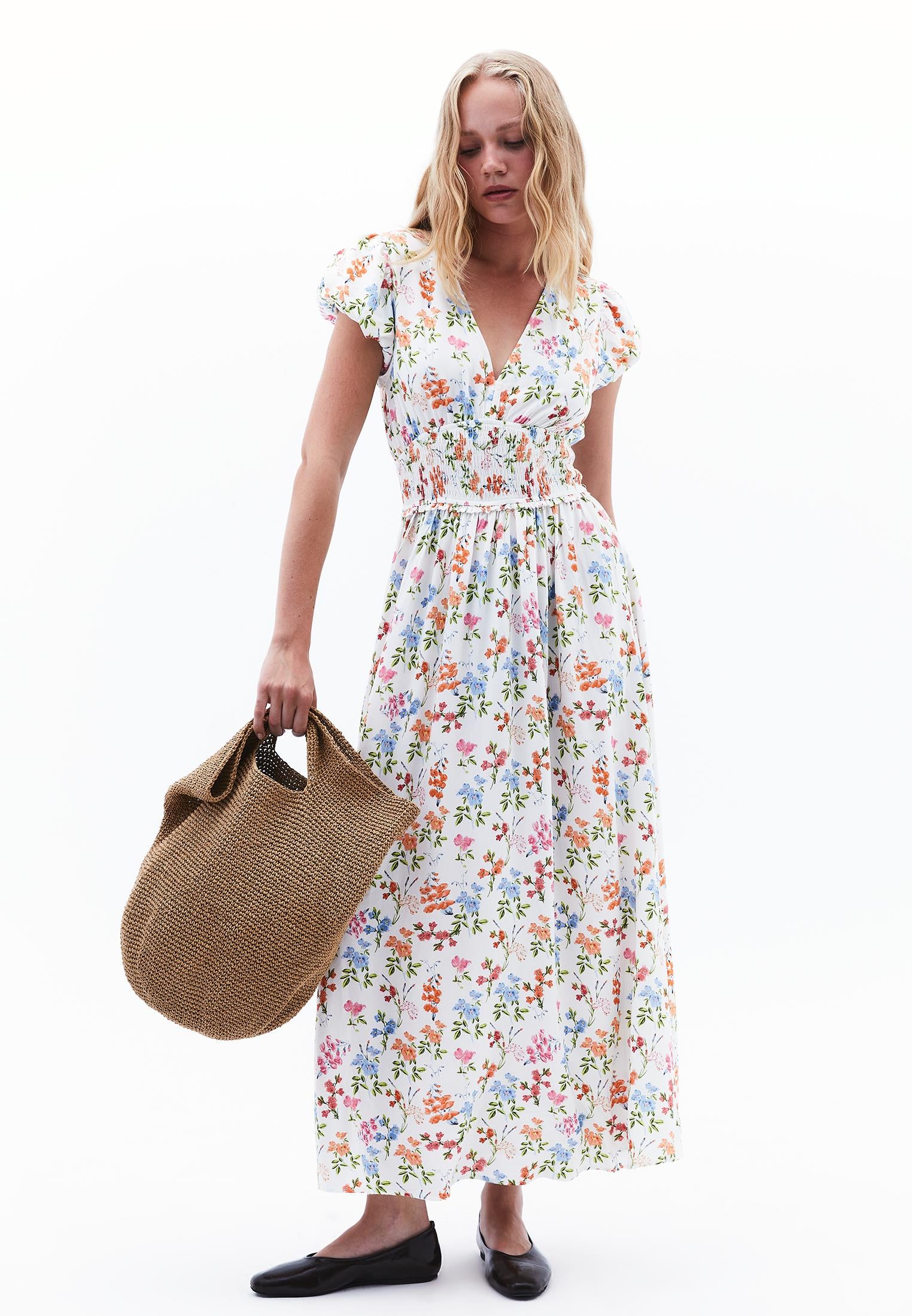 V Neck Balloon Sleeve Shirred Long Flared Dress - FLORAL PRINT