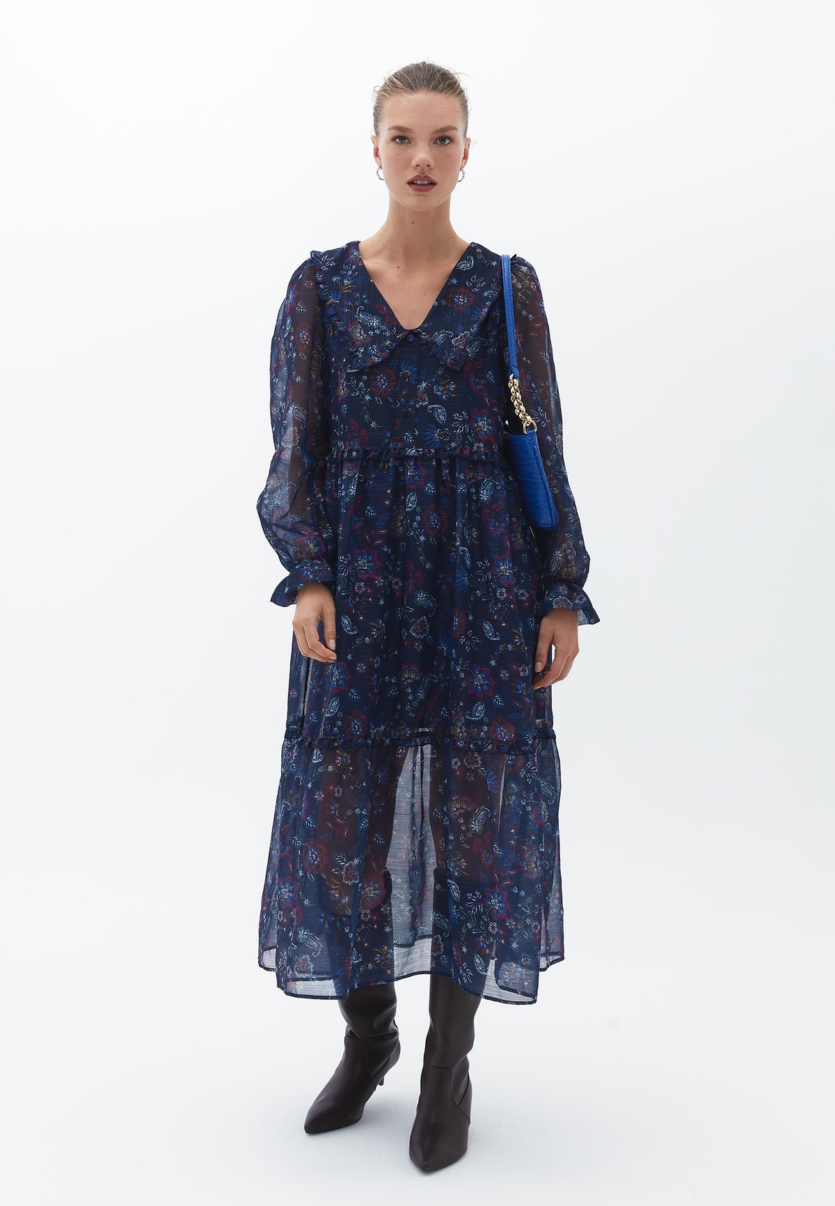 Long Sleeve Glitter Printed Long Dress - FLORAL PRINT