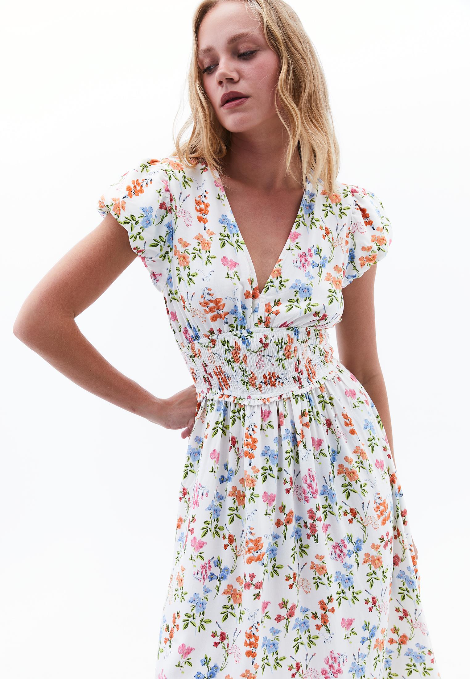 V Neck Balloon Sleeve Shirred Long Flared Dress - FLORAL PRINT