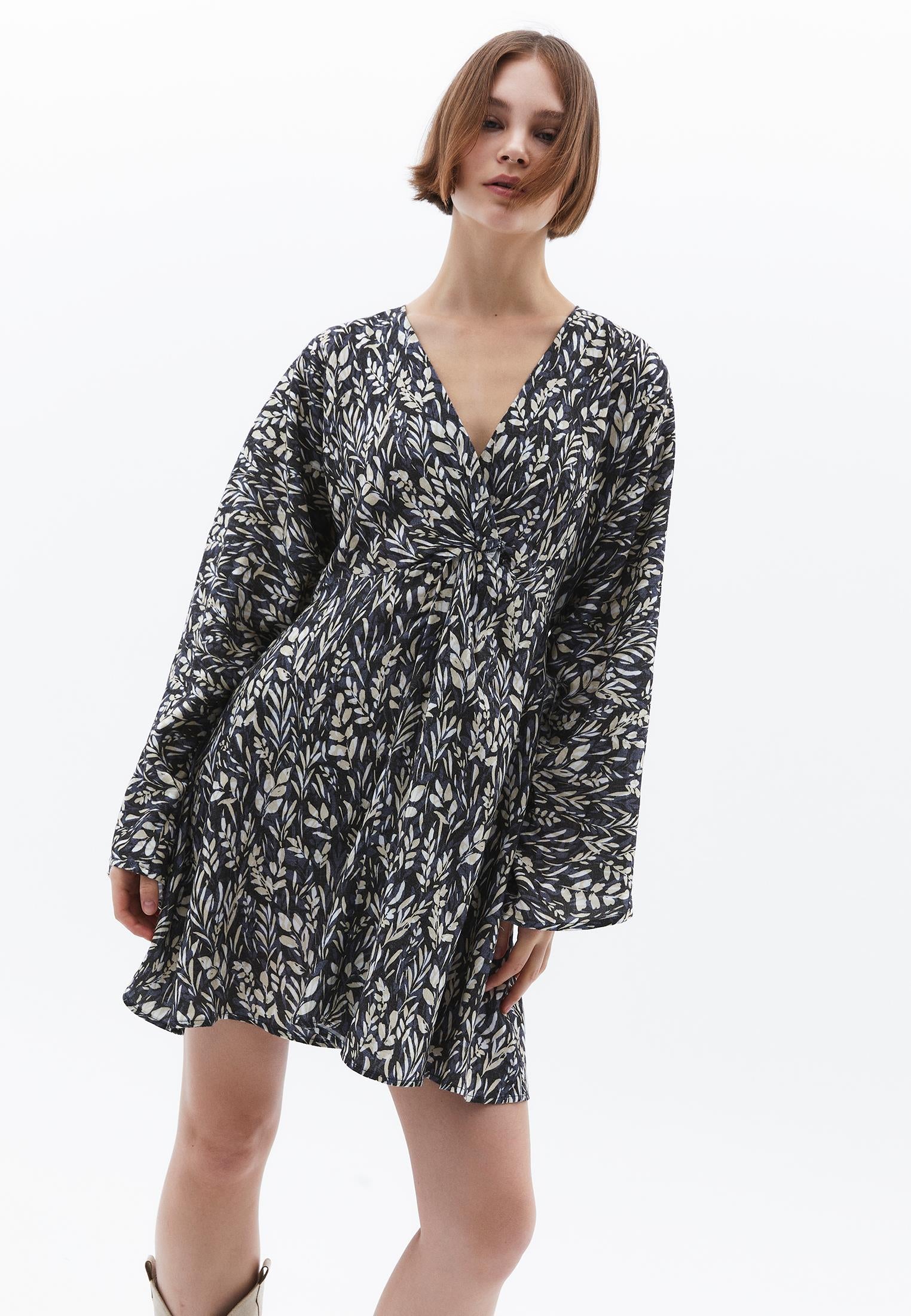 A-Line Kimono Sleeve Dress - FLORAL PRINT